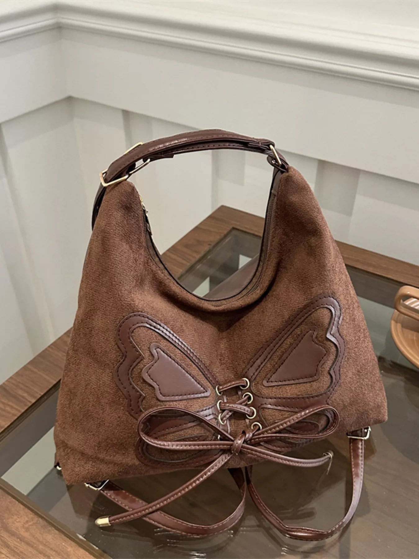 Butterfly Decor Lace-Up Shoulder Bag