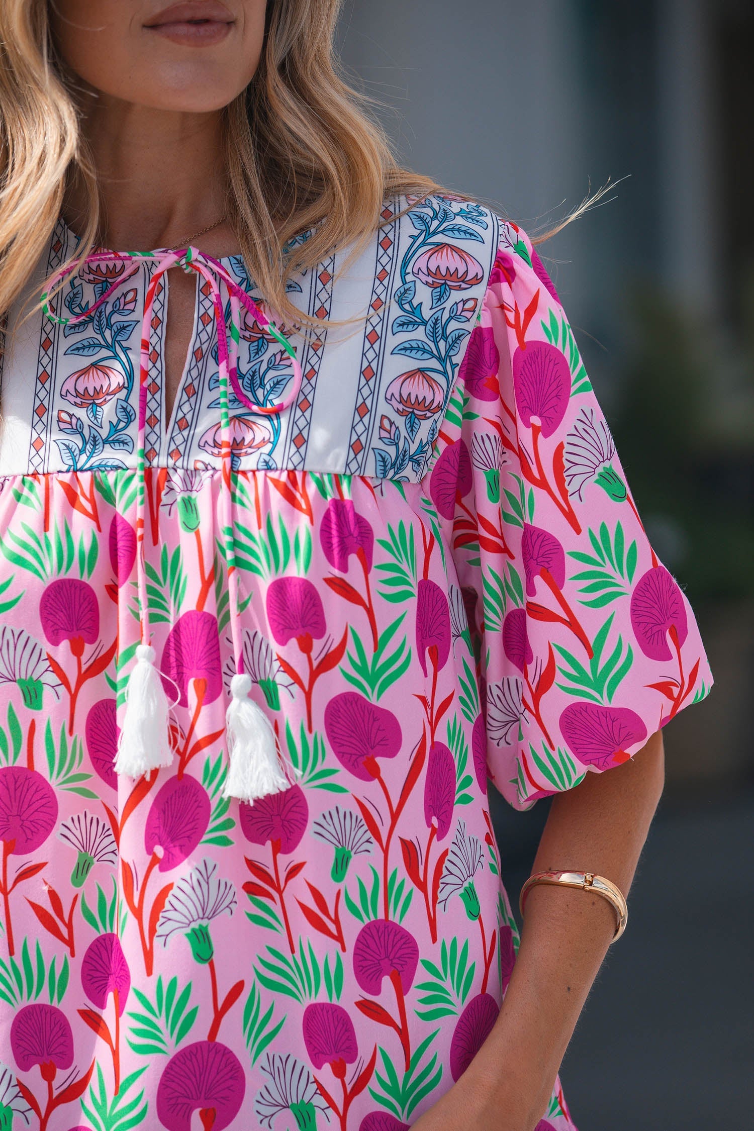 Pink Floral Print Short Sleeve Contrast Patchwork Tassel Tie Blouse