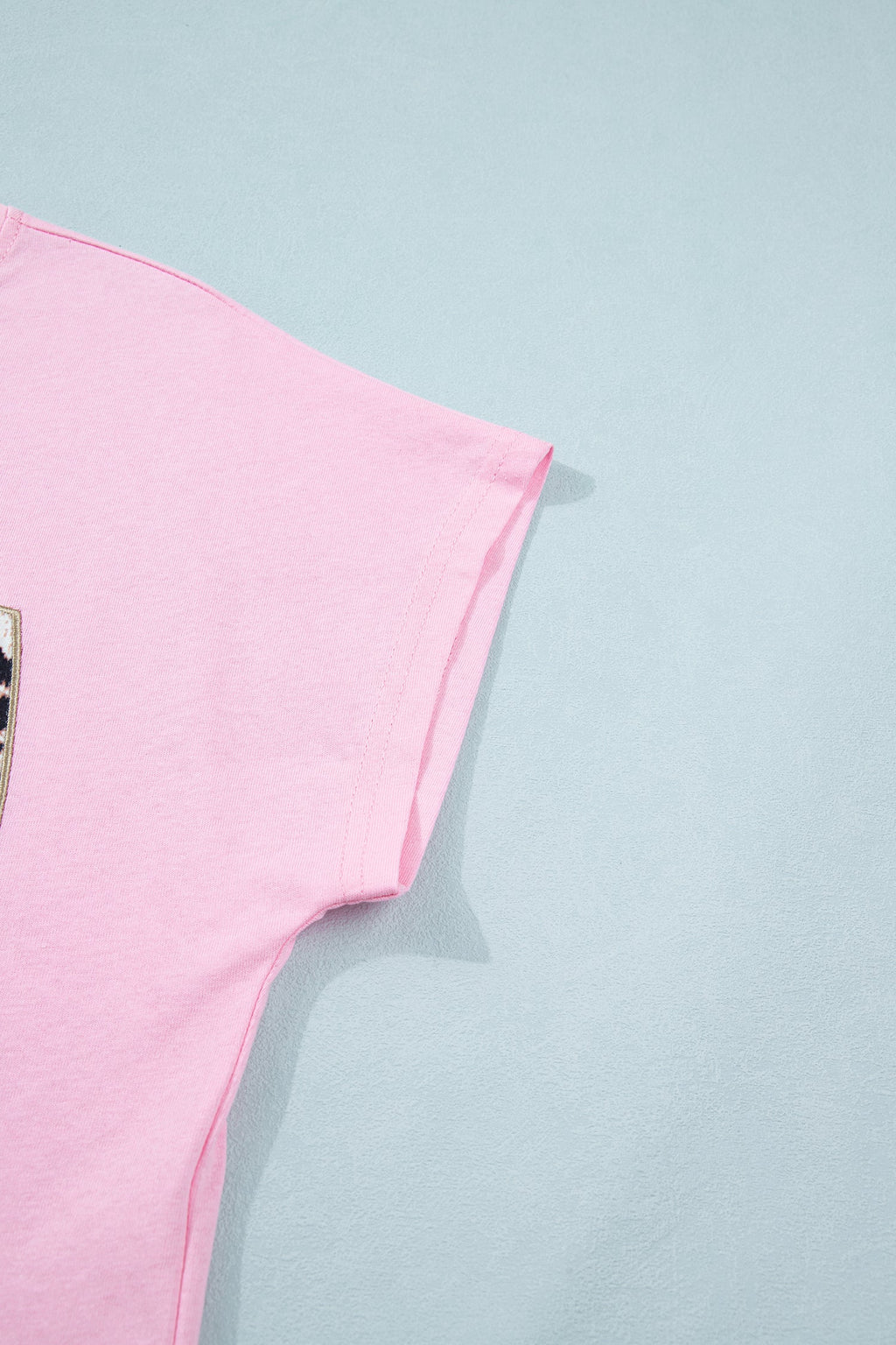 Pink Leopard Bow Embroidered Cotton Round Neck T Shirt