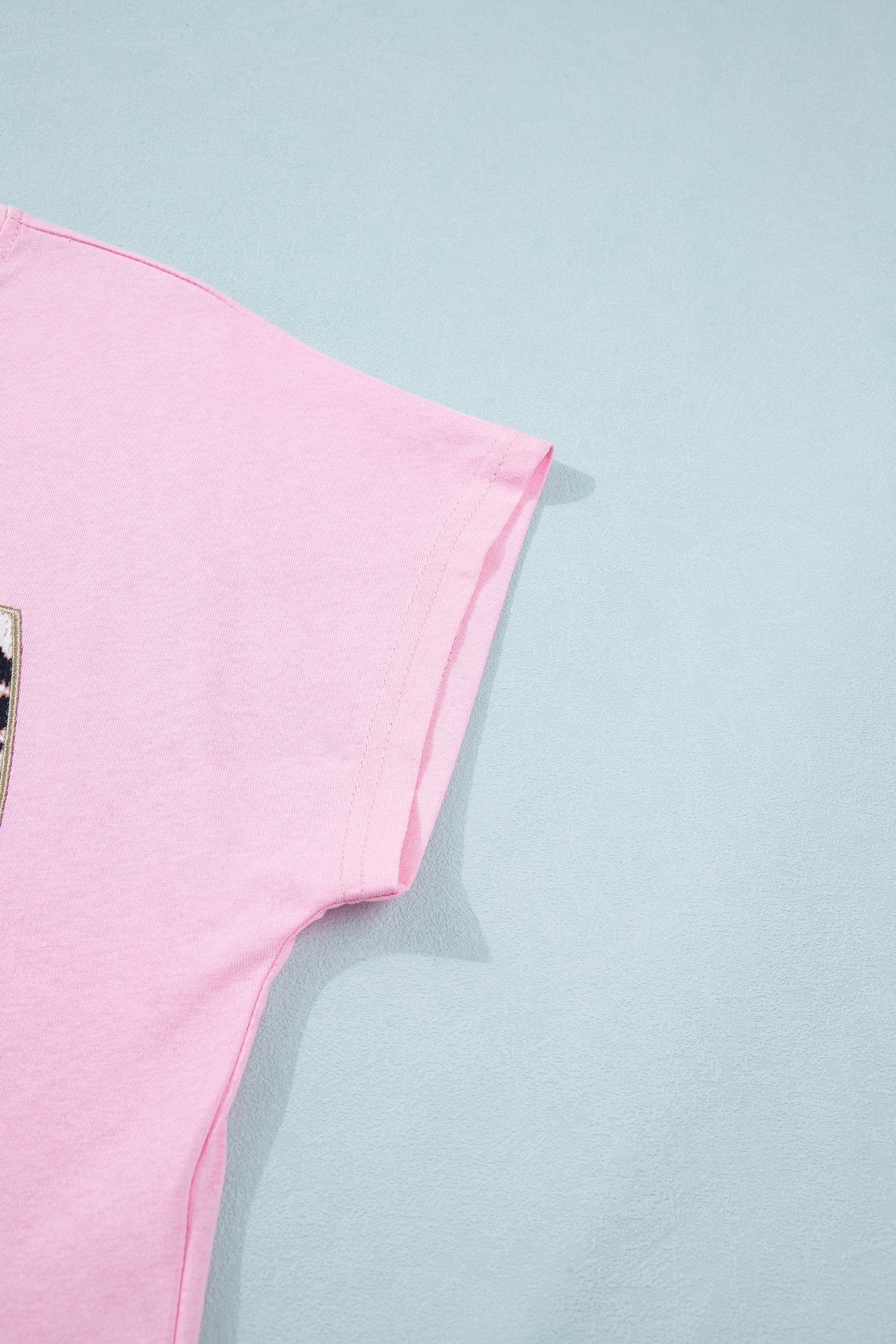 Pink Leopard Bow Embroidered Cotton Round Neck T Shirt