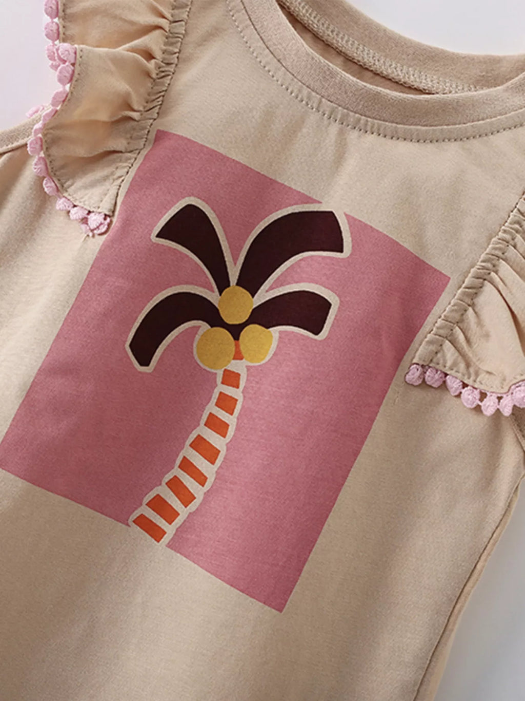 Children's Sleeveless Palm Tree Graphic T-Shirt with Ruffle Trim