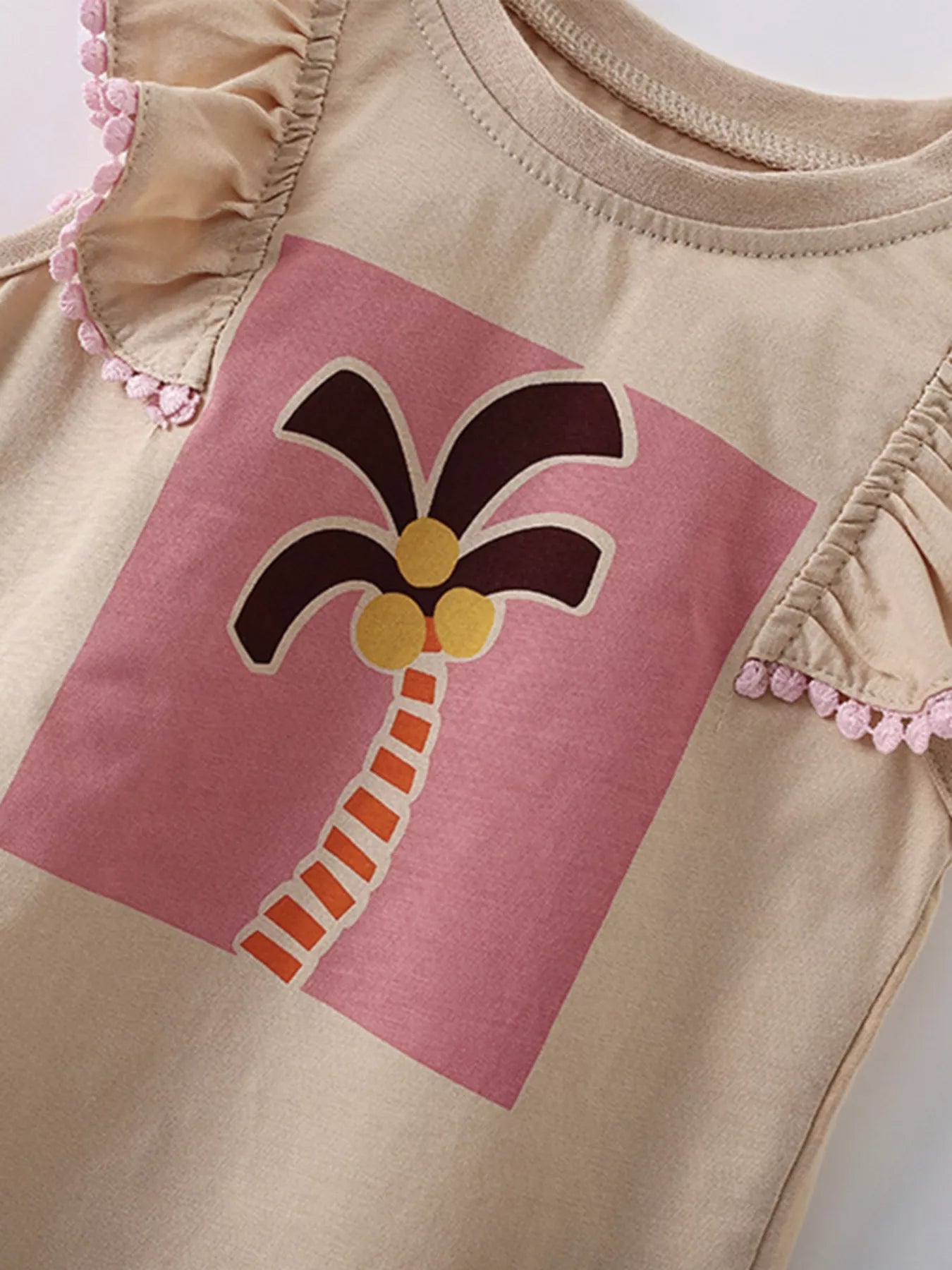 Children's Sleeveless Palm Tree Graphic T-Shirt with Ruffle Trim