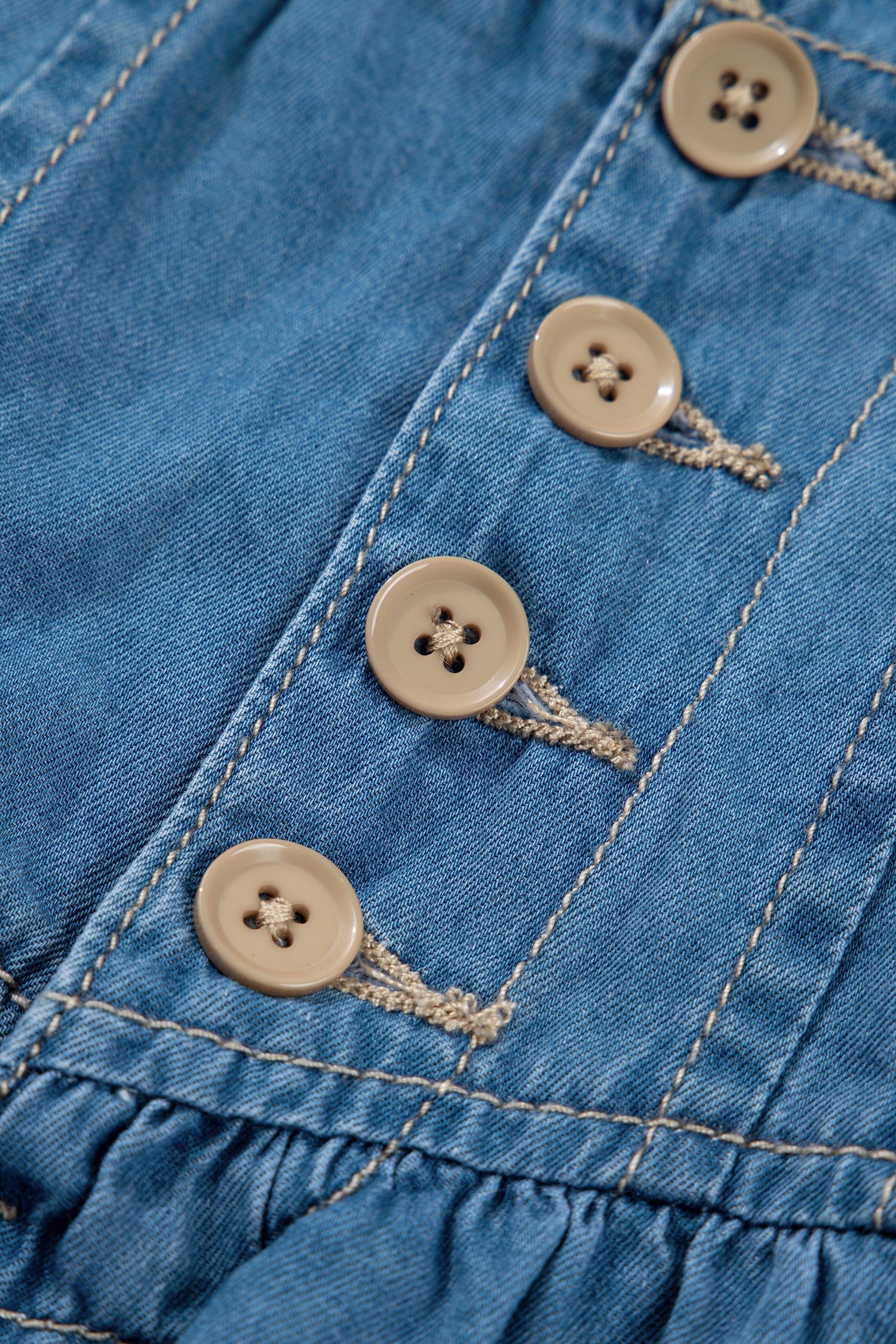 Sky Blue Half Buttons Pleated High Waist Denim Mini Skirt with Drawstring