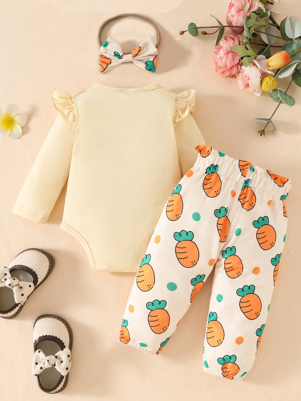 Children's Ruffled Long Sleeve Top and Carrot Print Pants Set with Headband