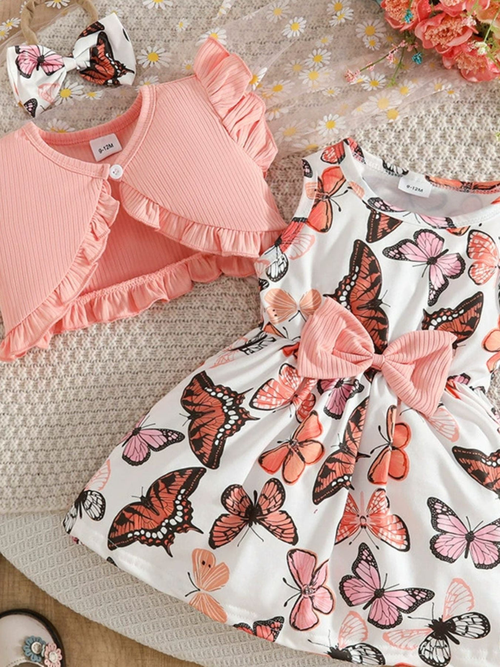 Children's Butterfly Print Dress and Ruffle Trim Cardigan Set with Headband