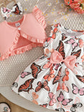 Children's Butterfly Print Dress and Ruffle Trim Cardigan Set with Headband