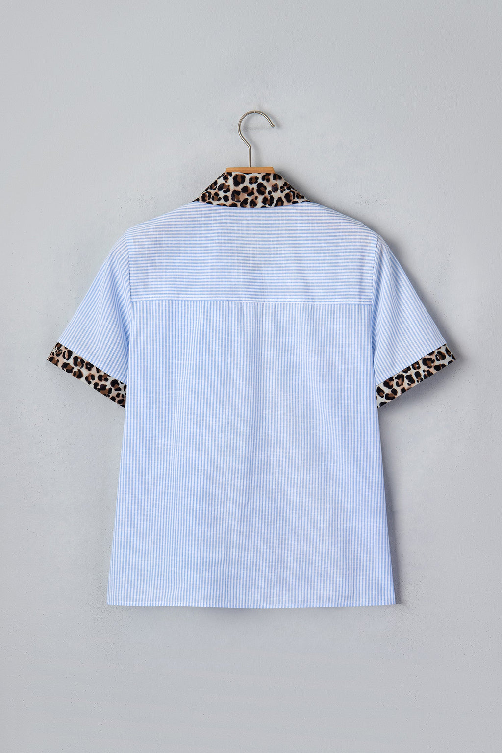 Sky Blue Stripe Leopard Contrast Collar Short Sleeve Shirt