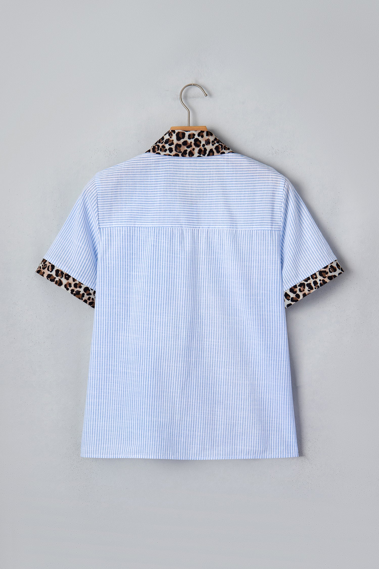 Sky Blue Stripe Leopard Contrast Collar Short Sleeve Shirt