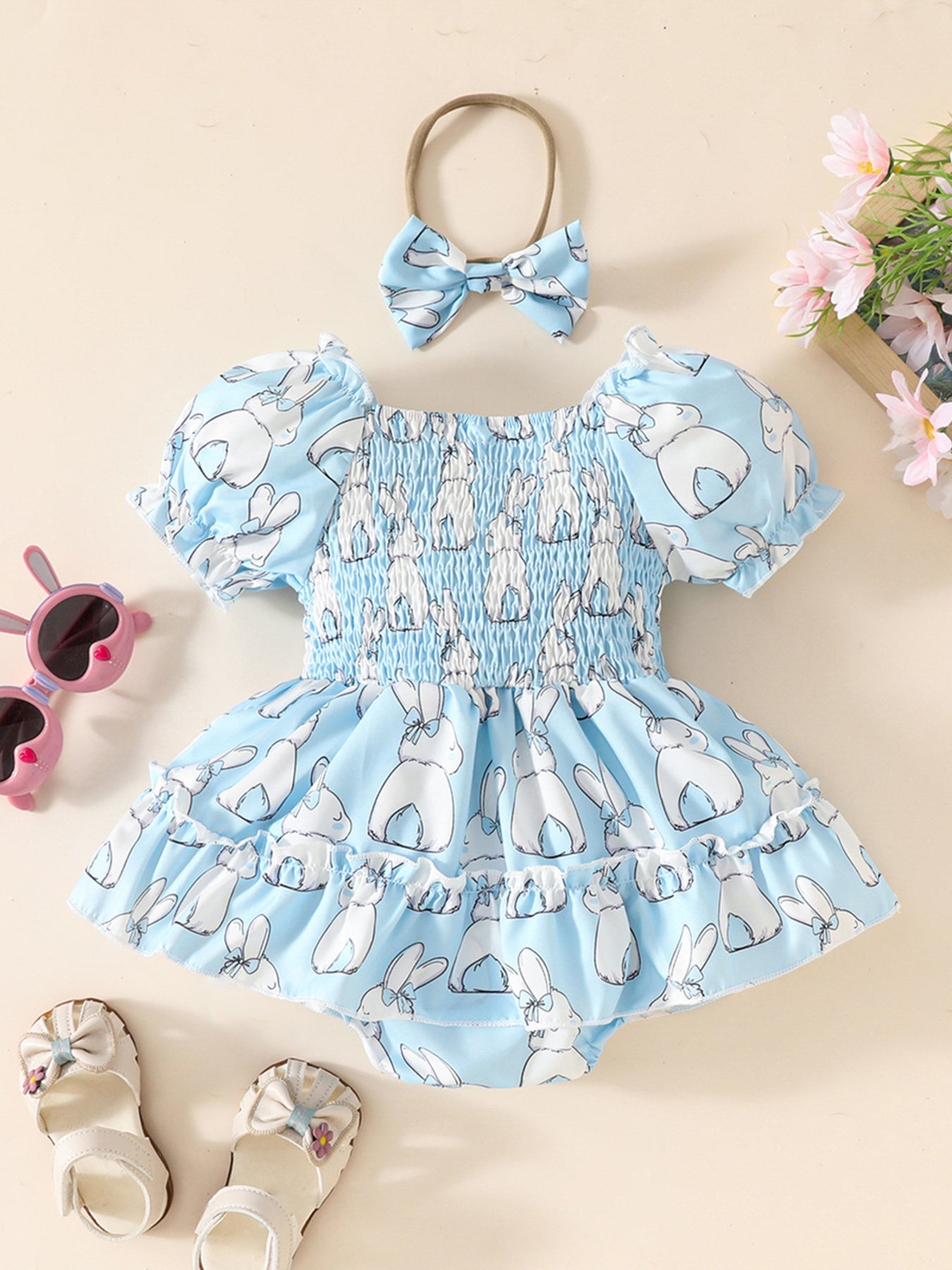 Children's Bunny Print Smocked Dress & Headband Set