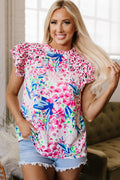 Pink Floral Mixed Print Ruffle Cap Sleeve Blouse
