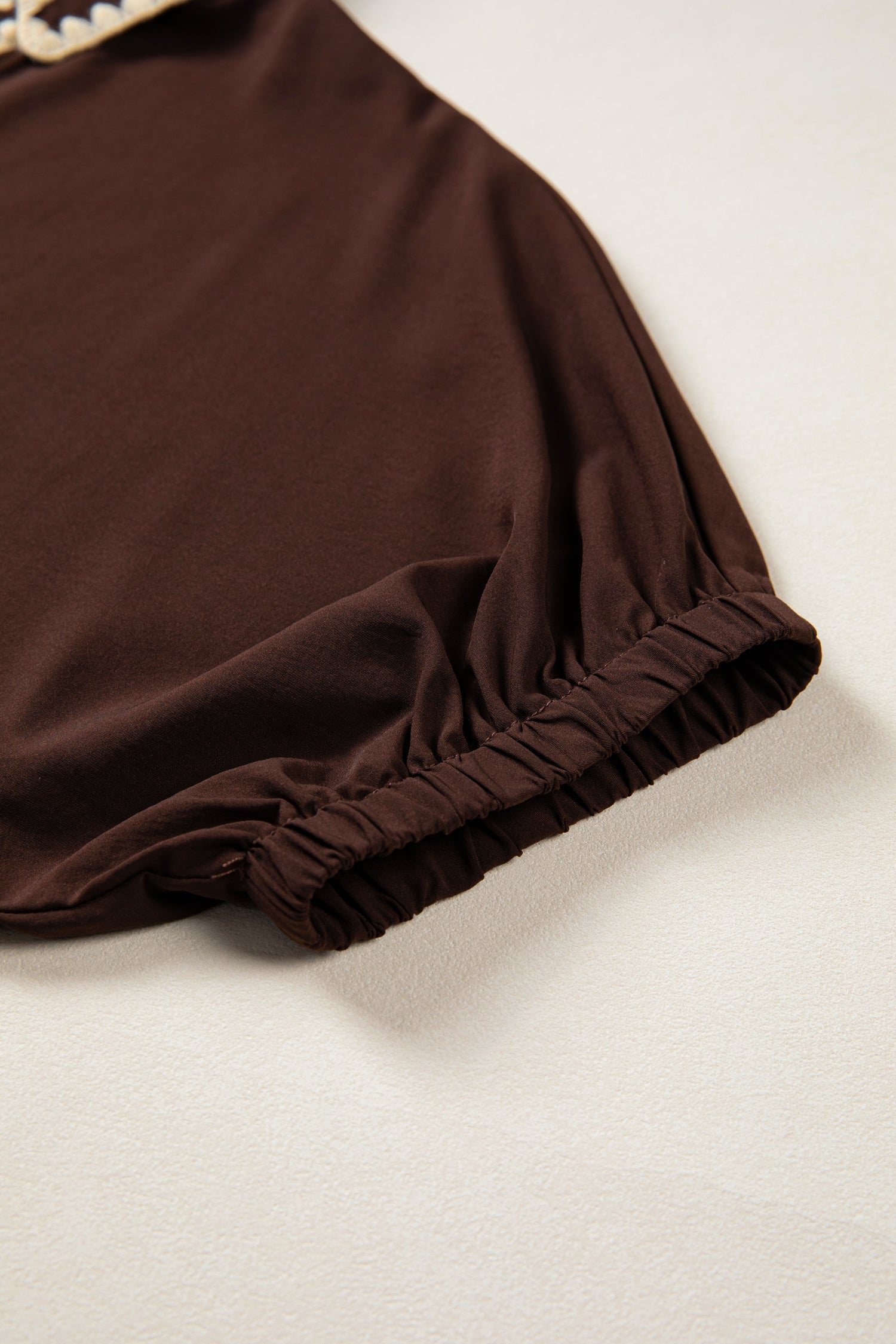 Coffee Shirt Collar Contrast Trim Button V Neck Short Sleeve Blouse