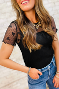 Black Bow Knot Dotted See-through Mesh Patched Slim Fit Blouse
