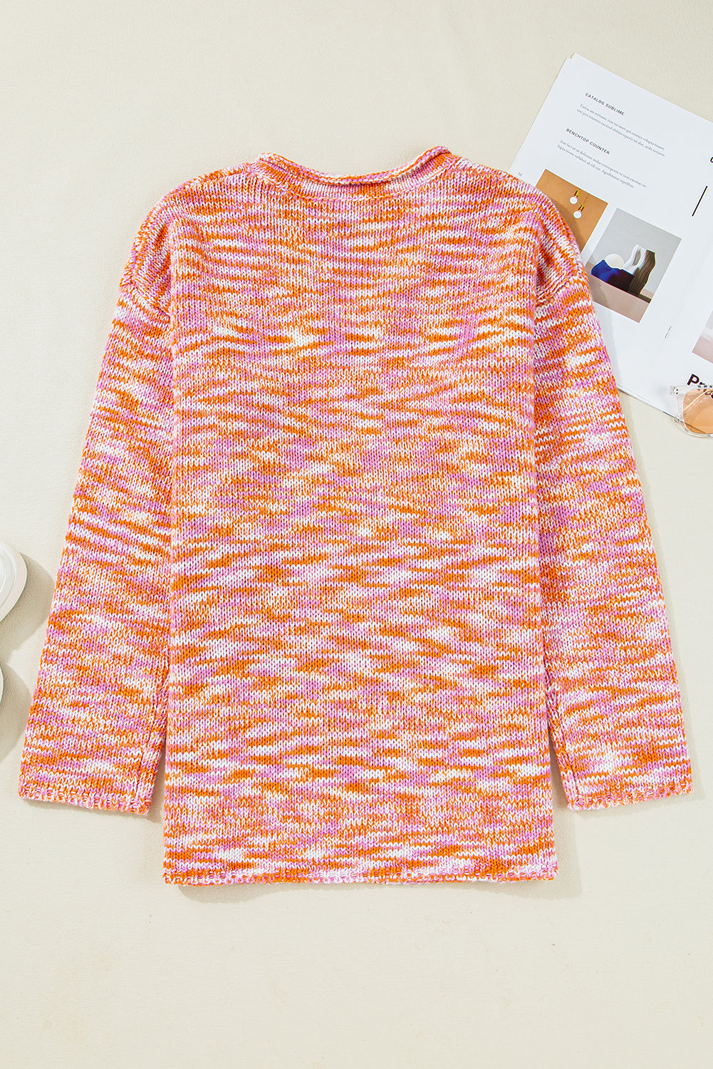 Orange Vibrant Abstract Print Drop Shoulder V Neck Tunic Oversized Sweater