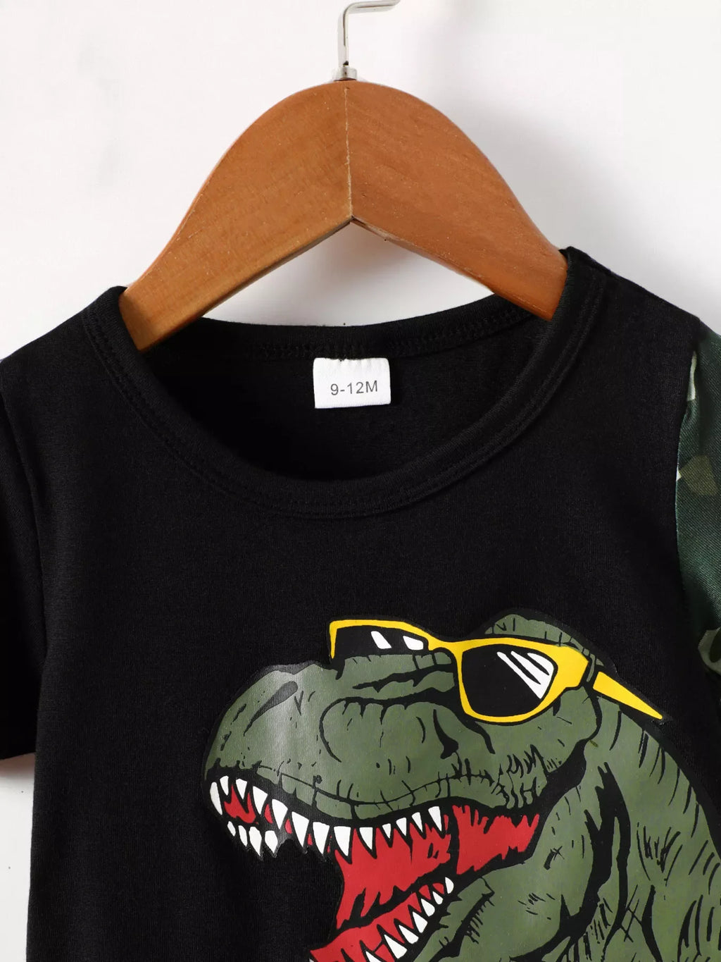 Children's Dinosaur Round Neck Tee and Camo Shorts Set