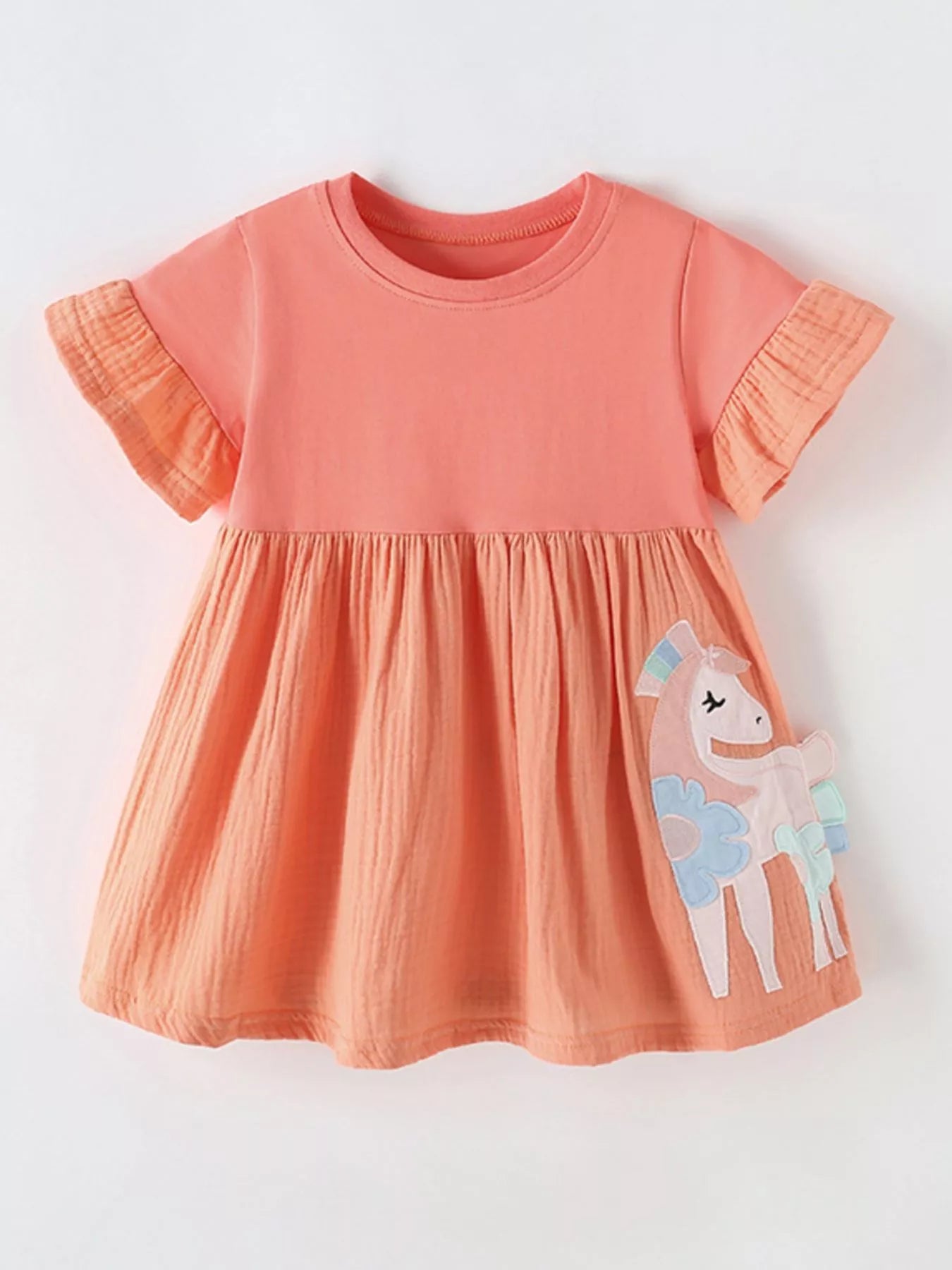 Children's Cute Unicorn Applique Ruffle Sleeve Dress