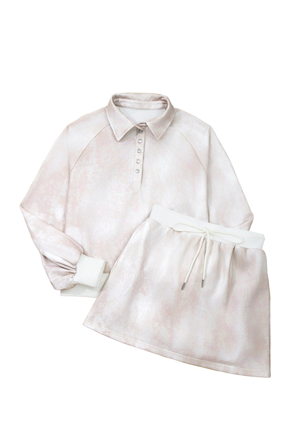 White Abstract Woodland Print Balloon Sleeve Pullover Drawstring Mini Skort Set