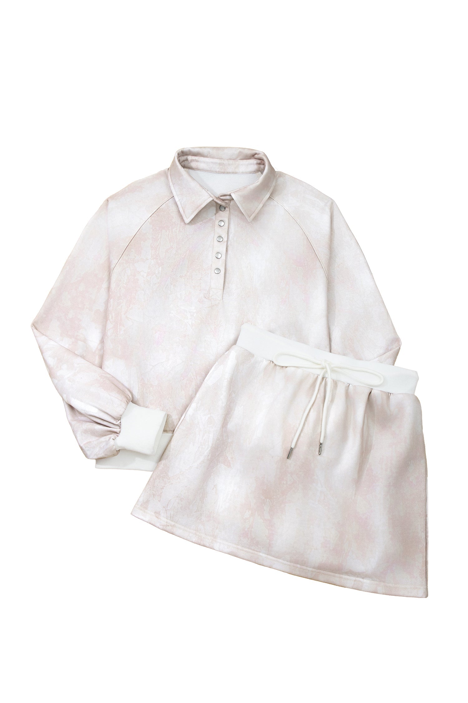 White Abstract Woodland Print Balloon Sleeve Pullover Drawstring Mini Skort Set