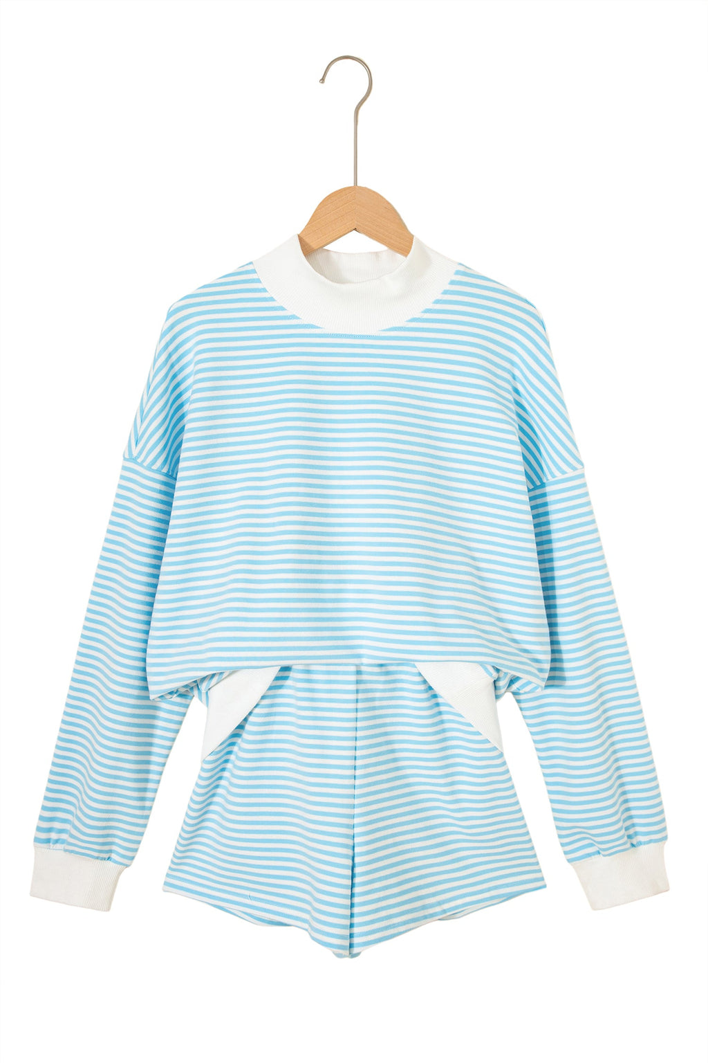 Sky Blue Stripe Oversize Mock Neck Sweatshirt and Shorts Set