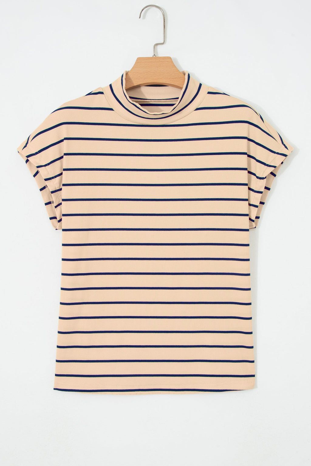 Khaki Stripe Mock Neck Short Sleeve Loose Top