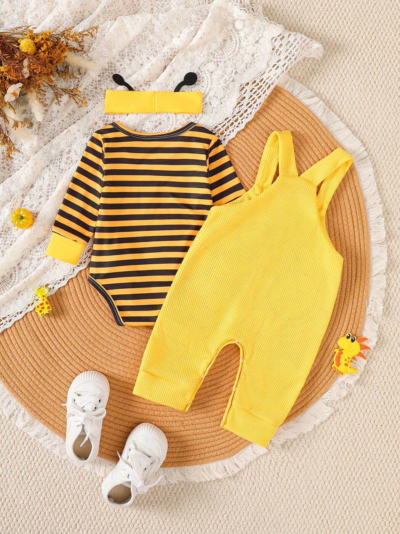 Children's Striped Bodysuit & Overalls & Headband Set