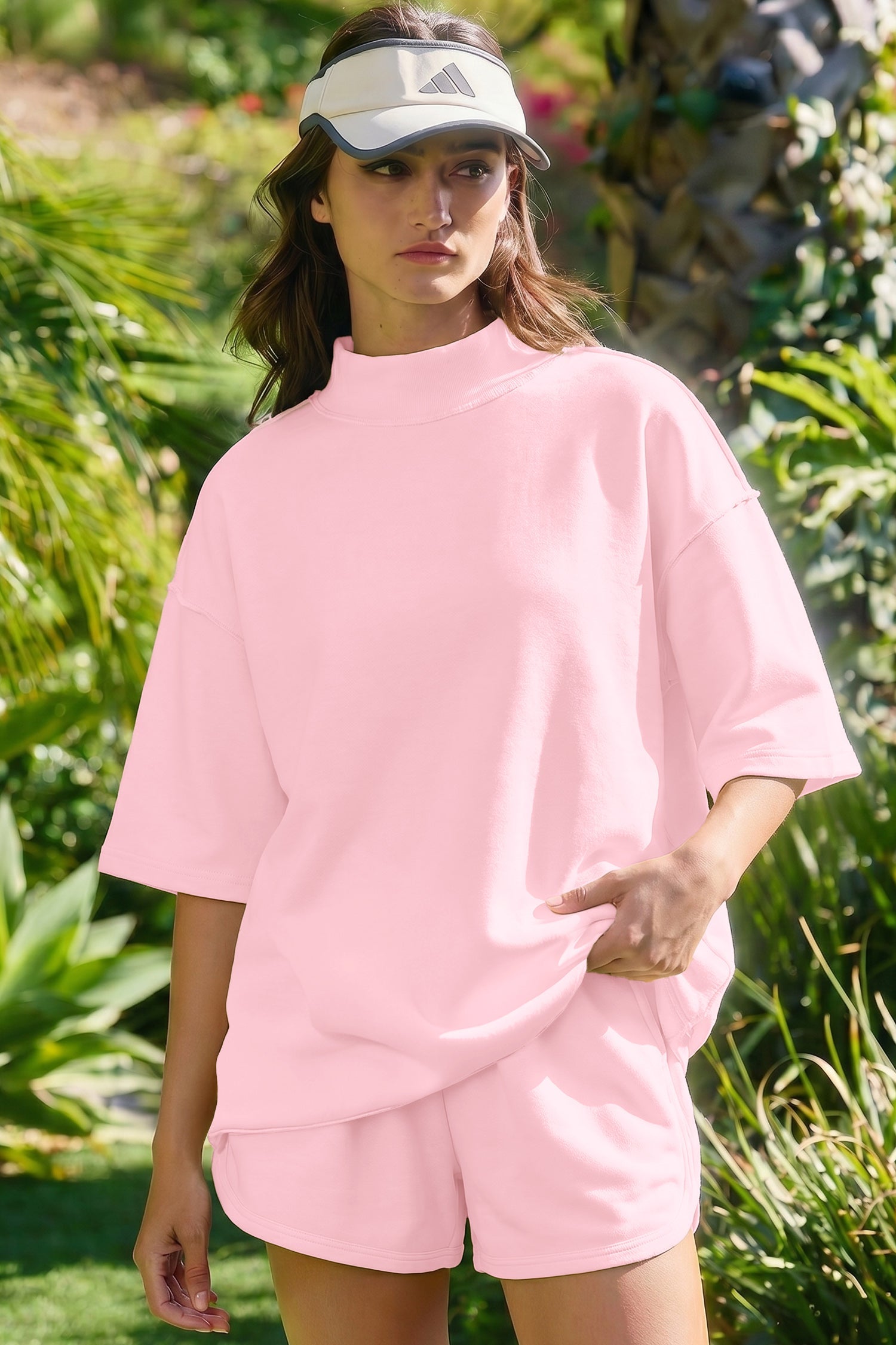 Light Pink Solid Color Exposed Seam Mock Neck Oversize Tee Casual Shorts 2pcs Outfit