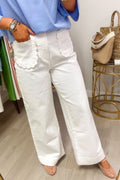White Solid Color Scalloped Patch Pocket Shift Jeans