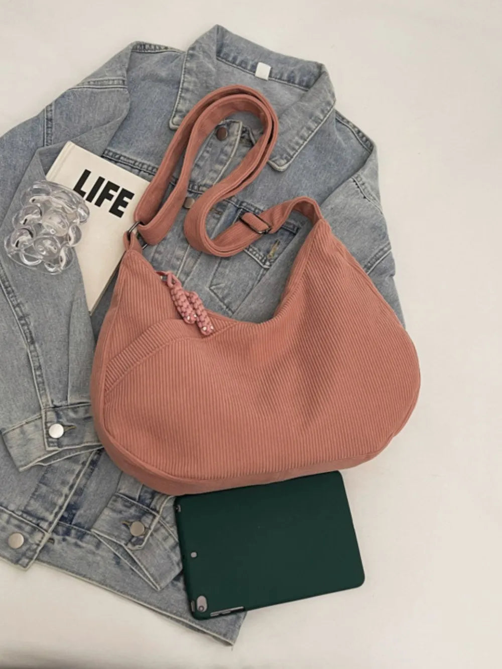 Ribbed Adjustable Strap Shoulder Bag