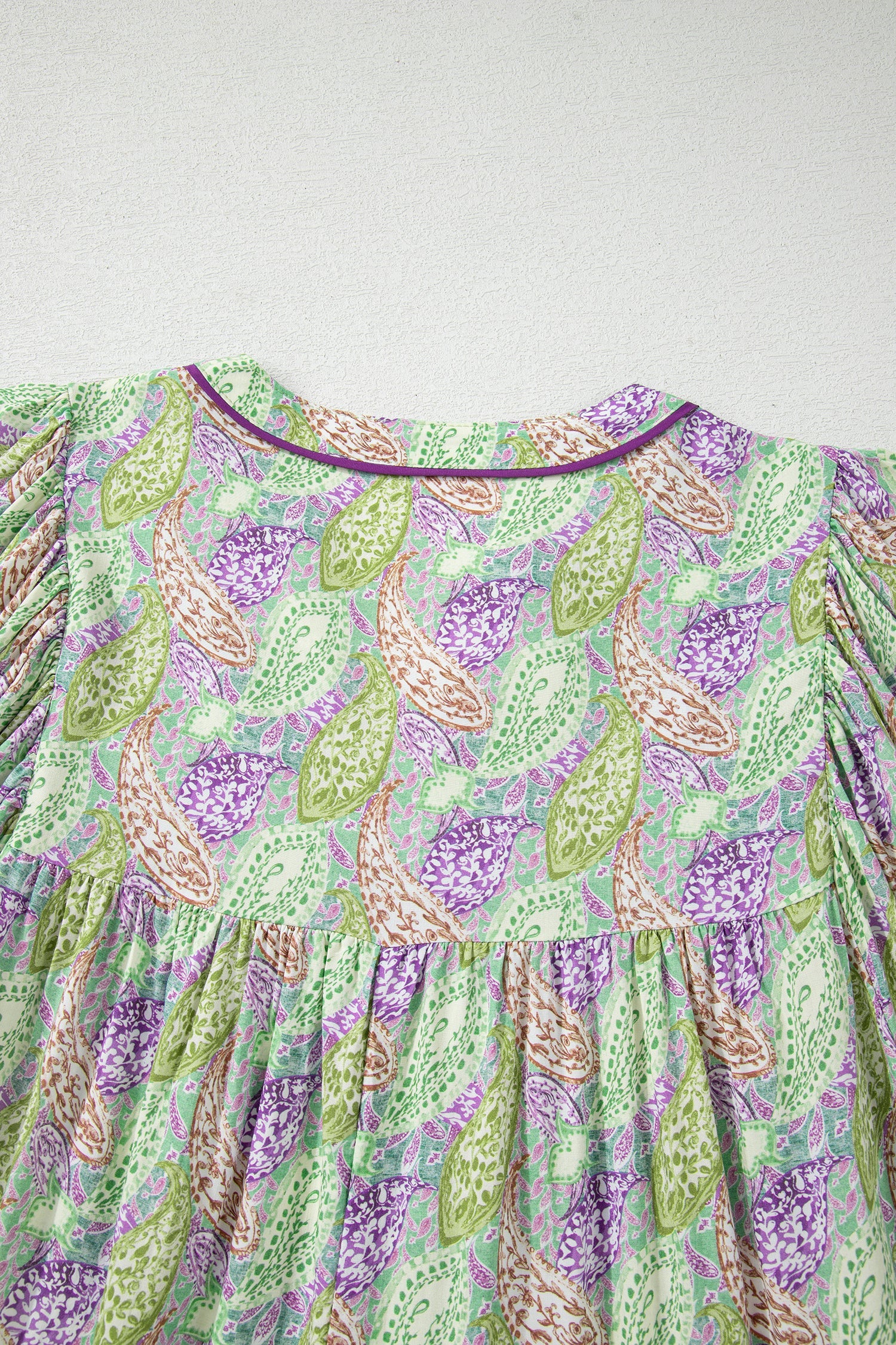 Green Boho Paisley Print Half Puff Sleeve Blouse