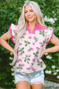 Pink Striped Strawberry Printed Color Block Patchwork V Neck Flutter Sleeve Blouse
