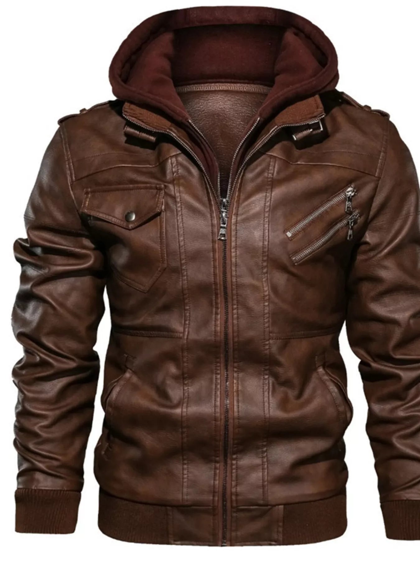 Men's Full Size Hooded Faux Leather Moto Jacket Plus Size
