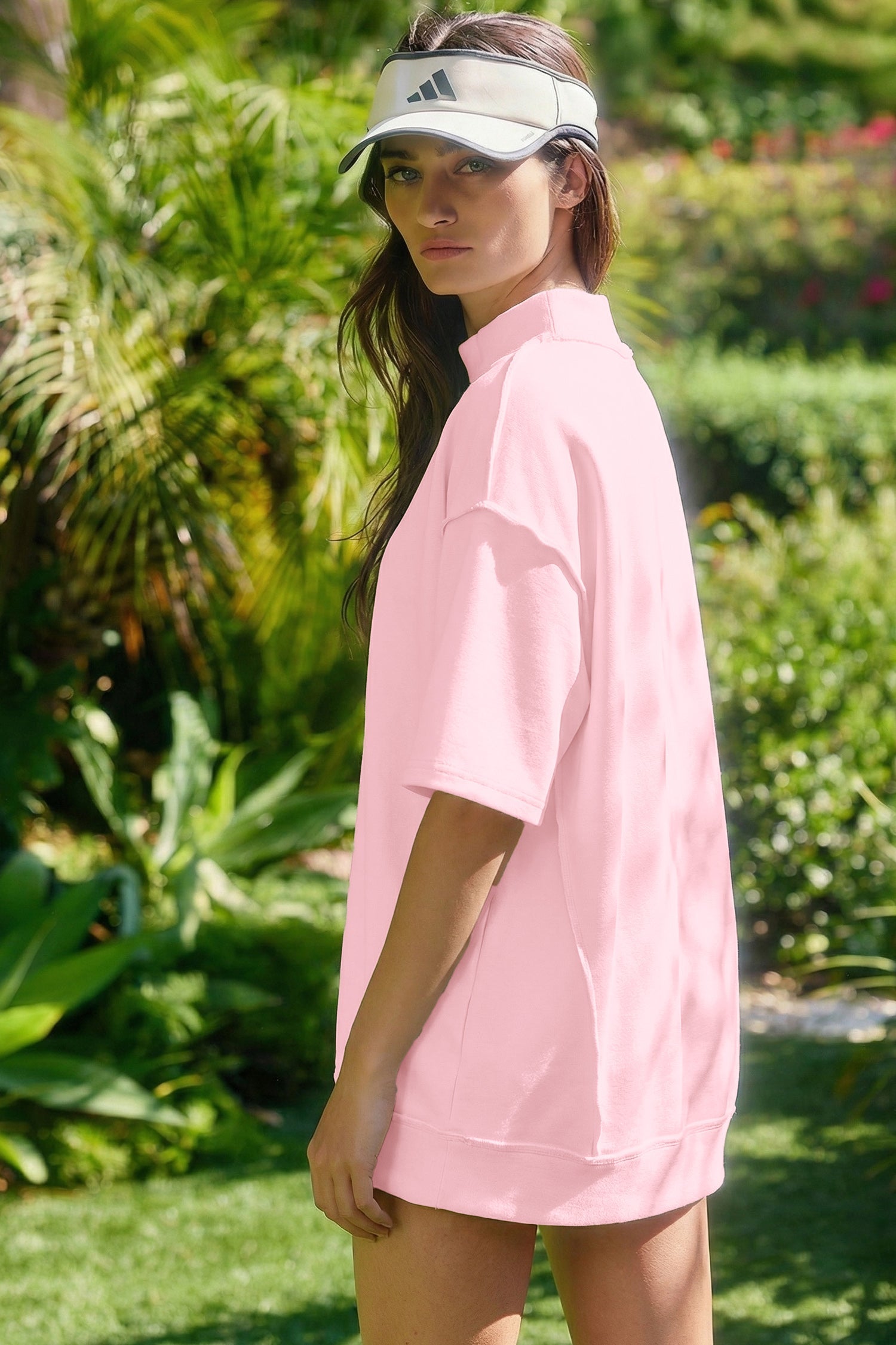 Light Pink Solid Color Exposed Seam Mock Neck Oversize Tee Casual Shorts 2pcs Outfit