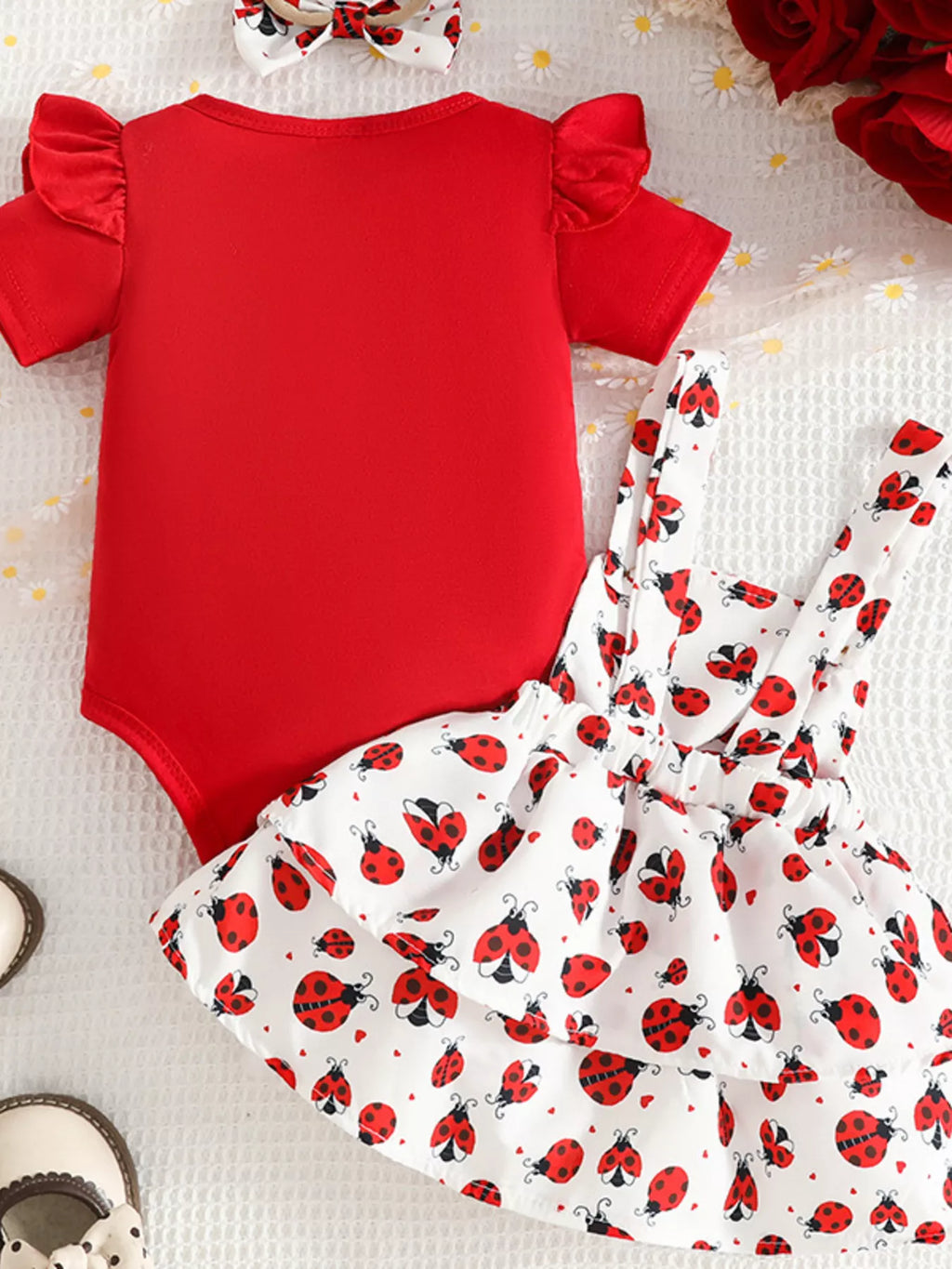Children's Ladybug Print Ruffle Sleeve Baby Set with Headband
