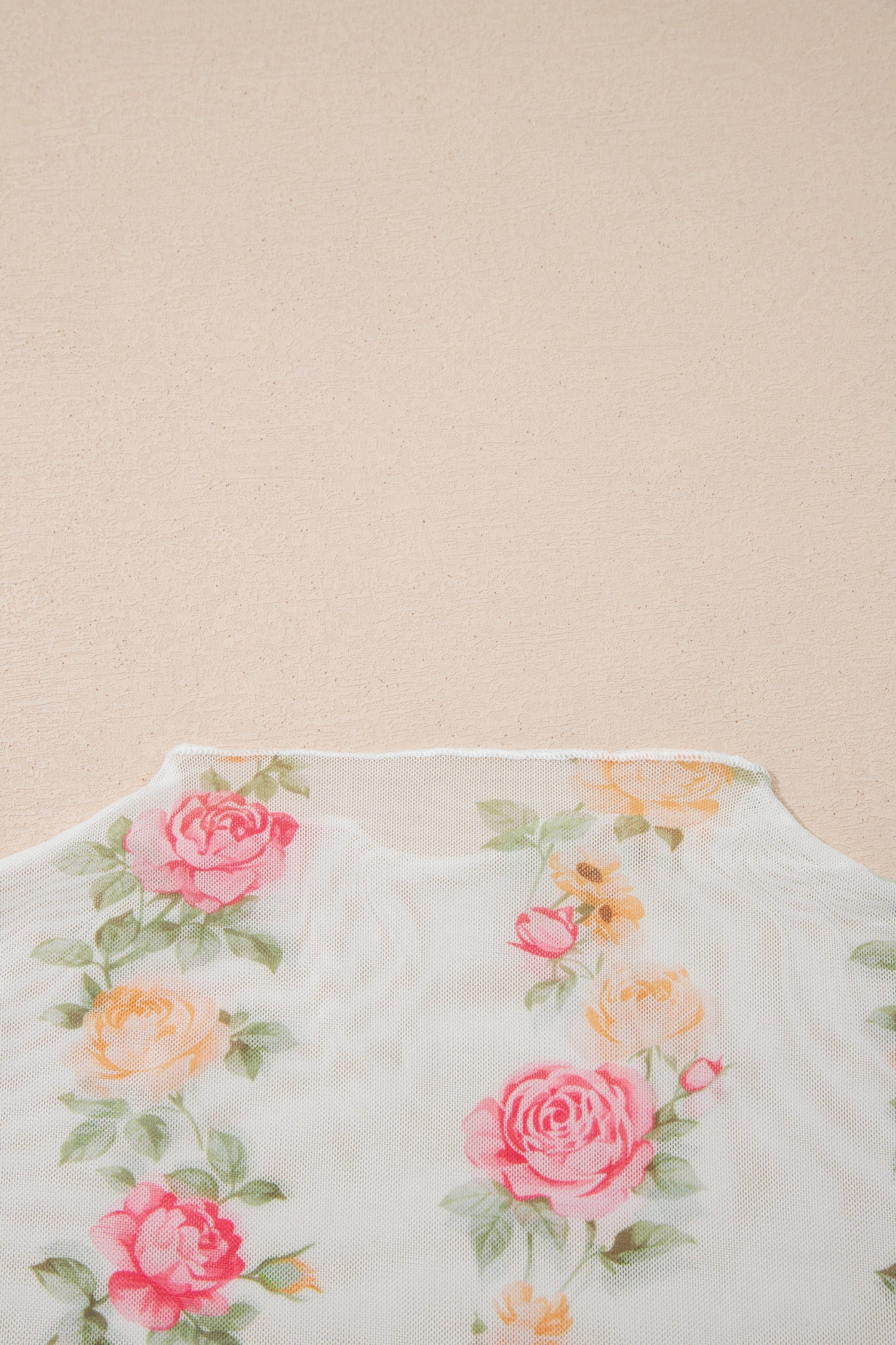 Beige Floral Print Mock Neck Short Sleeve Mesh Top