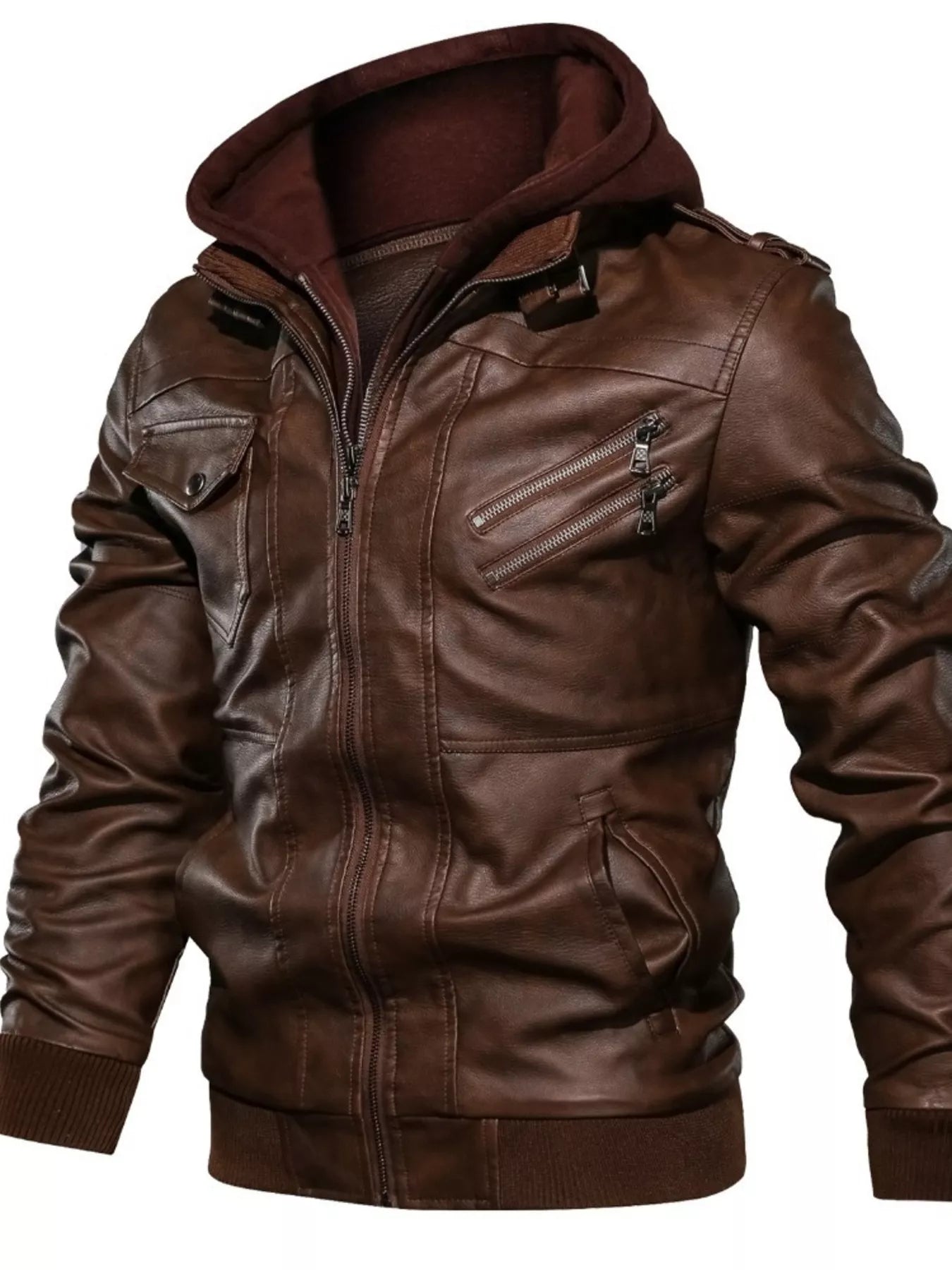 Men's Full Size Hooded Faux Leather Moto Jacket Plus Size
