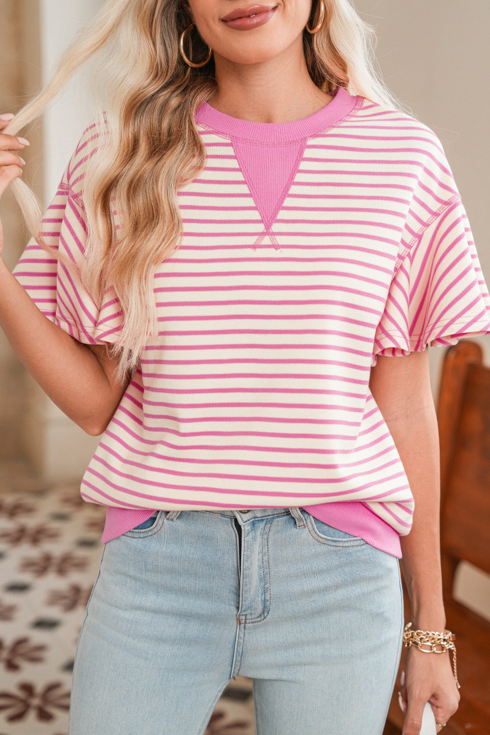 Bright Green Striped Ruffle Sleeve Round Neck Top