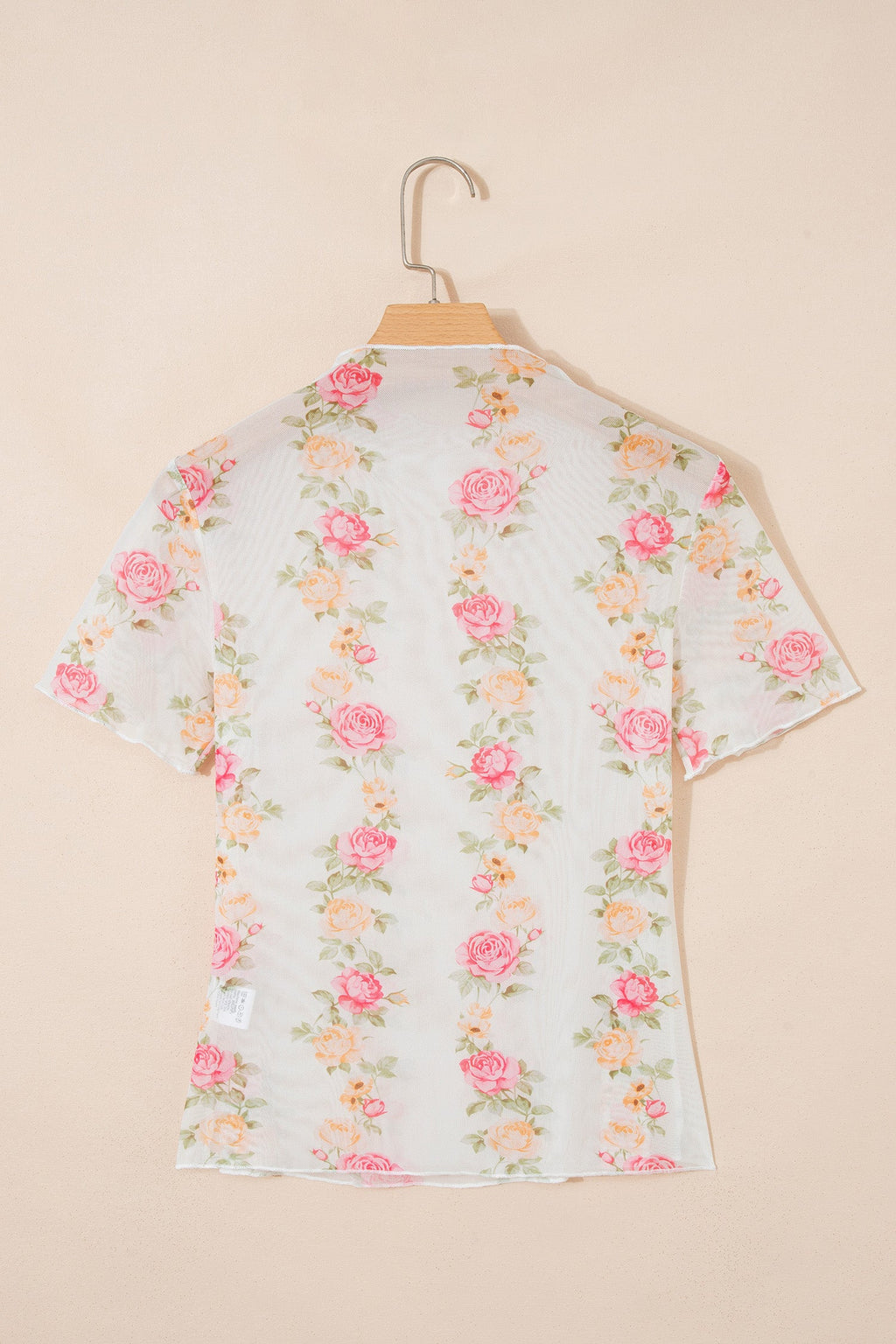 Beige Floral Print Mock Neck Short Sleeve Mesh Top