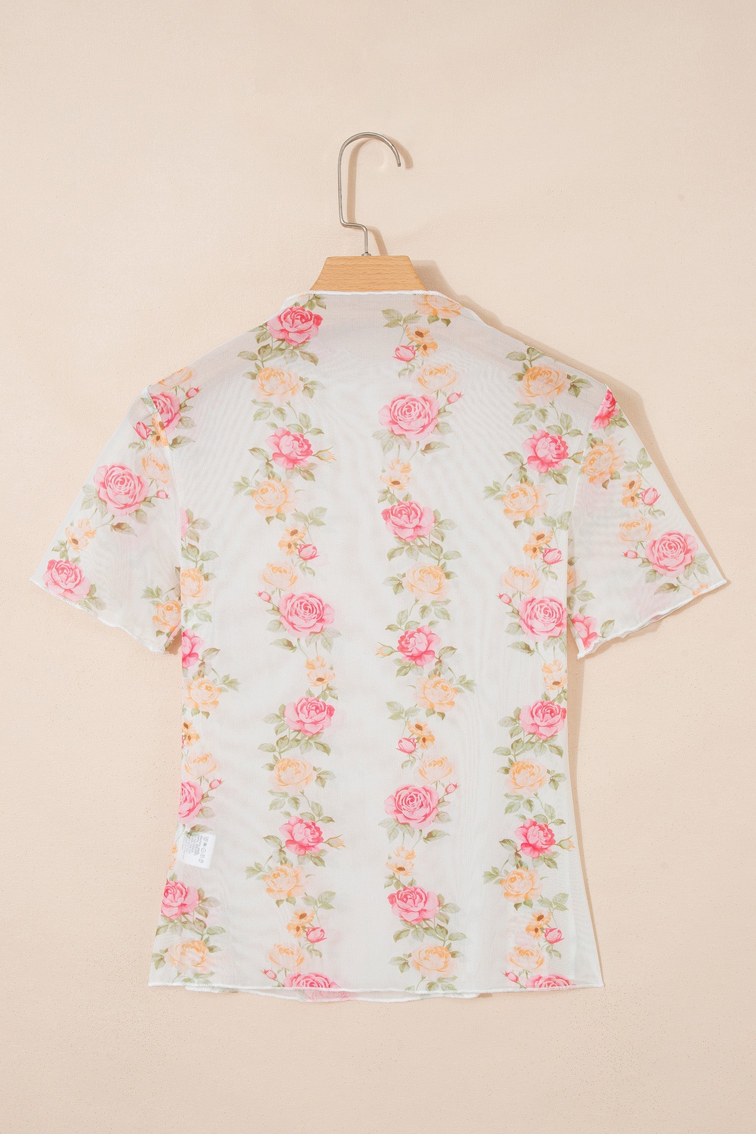 Beige Floral Print Mock Neck Short Sleeve Mesh Top