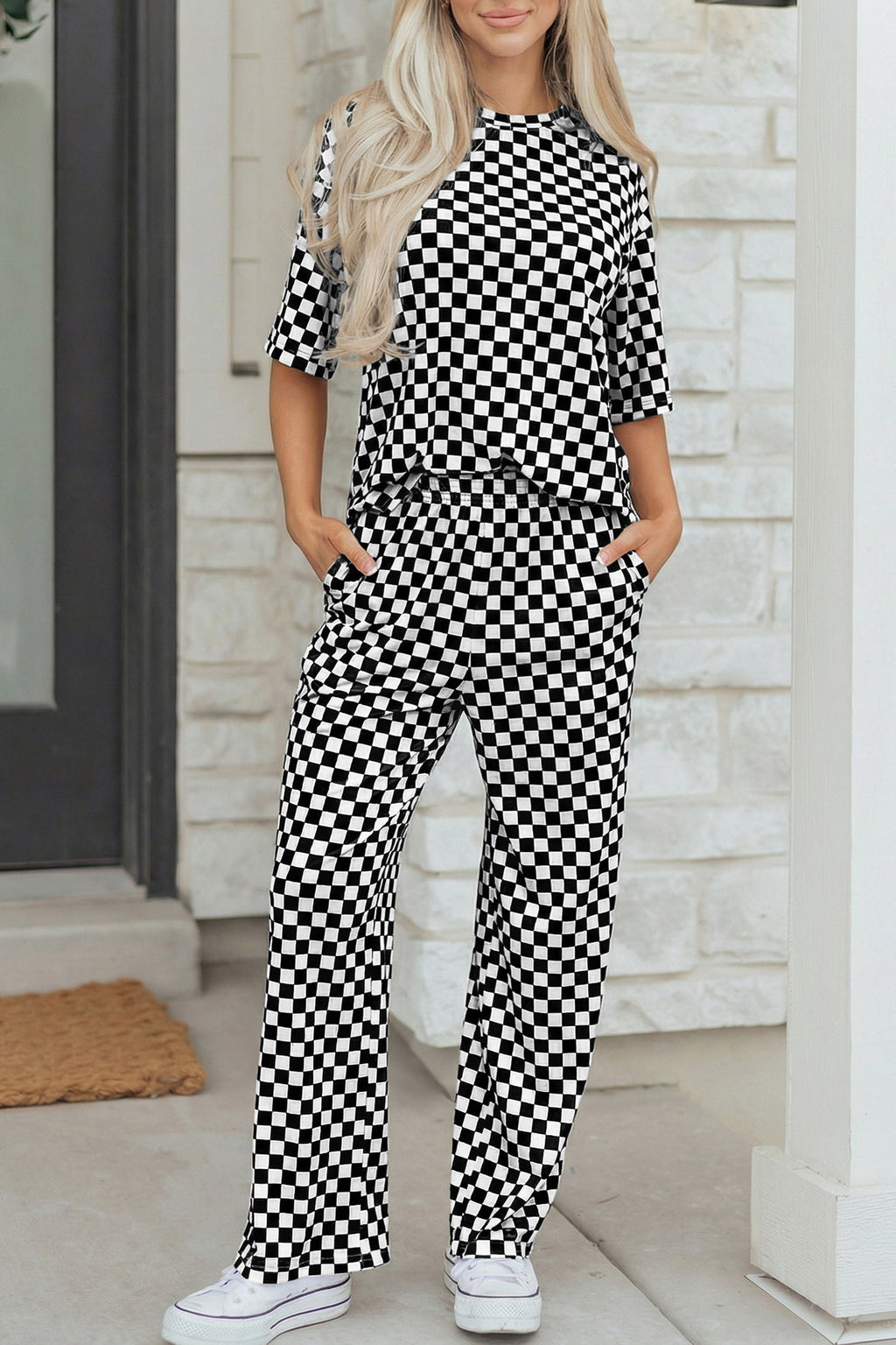 Black Checkered Print Half Sleeve Tee 2pcs Lounge Pant Set