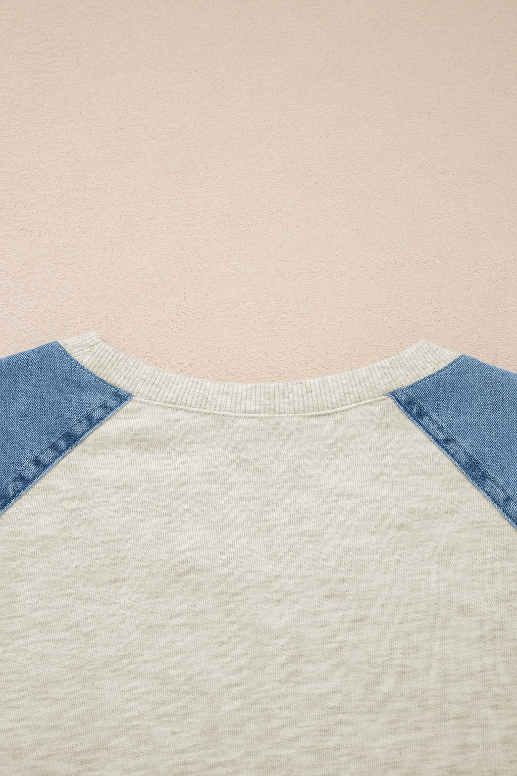 Beige Denim Color Block Patchwork Round Neck Tee