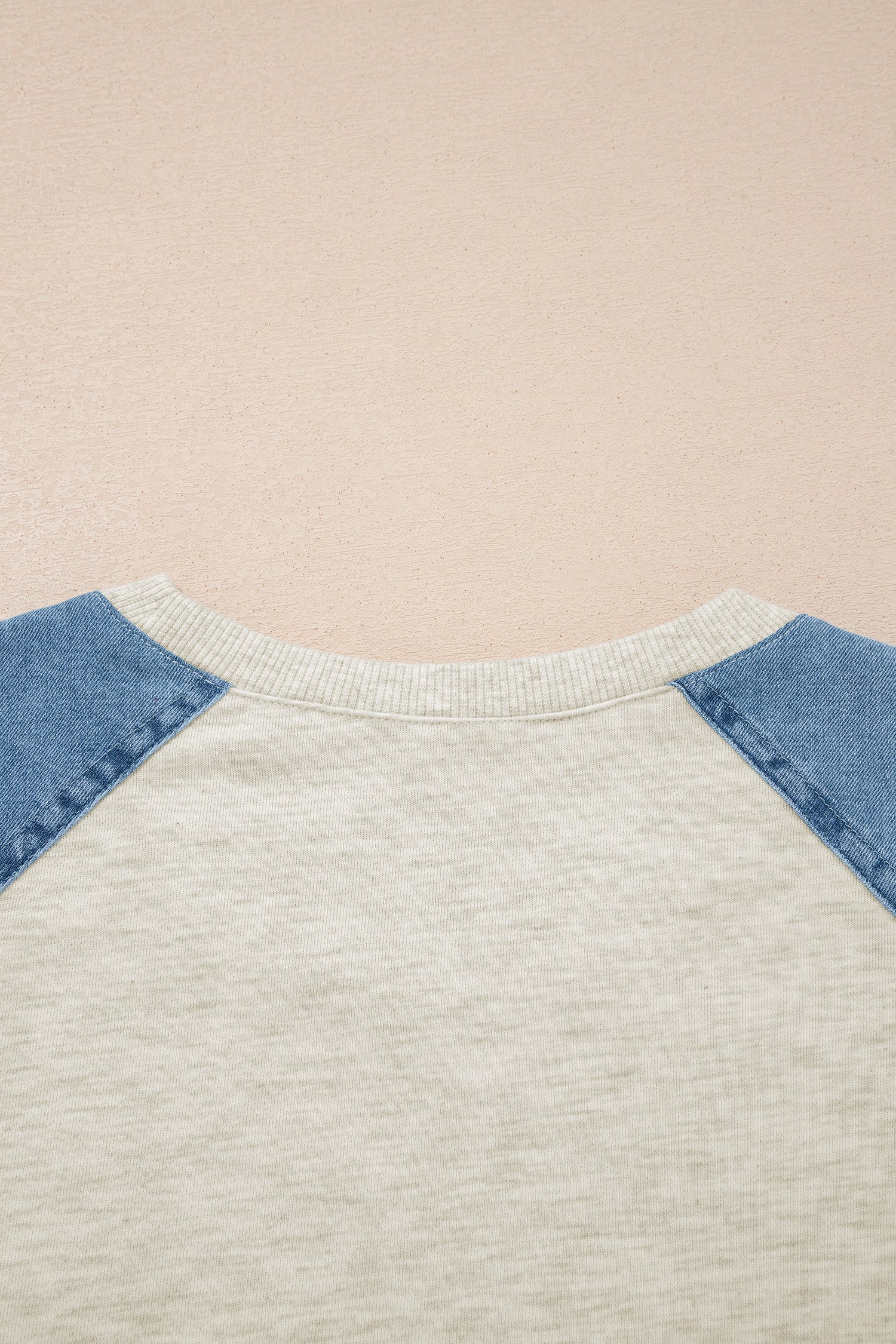 Beige Denim Color Block Patchwork Round Neck Tee