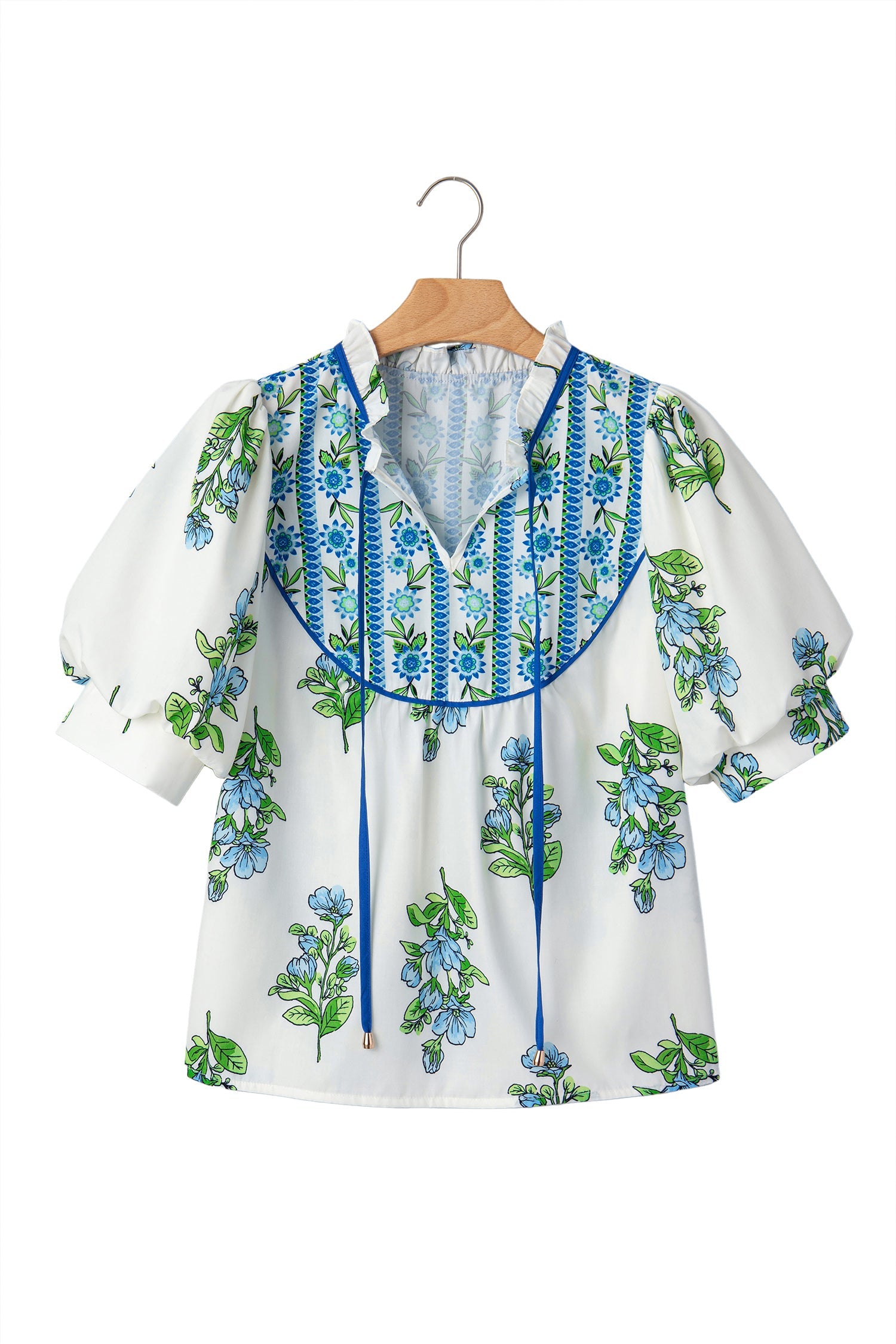 White Floral Print Contrast Trim Tie Neck Blouse