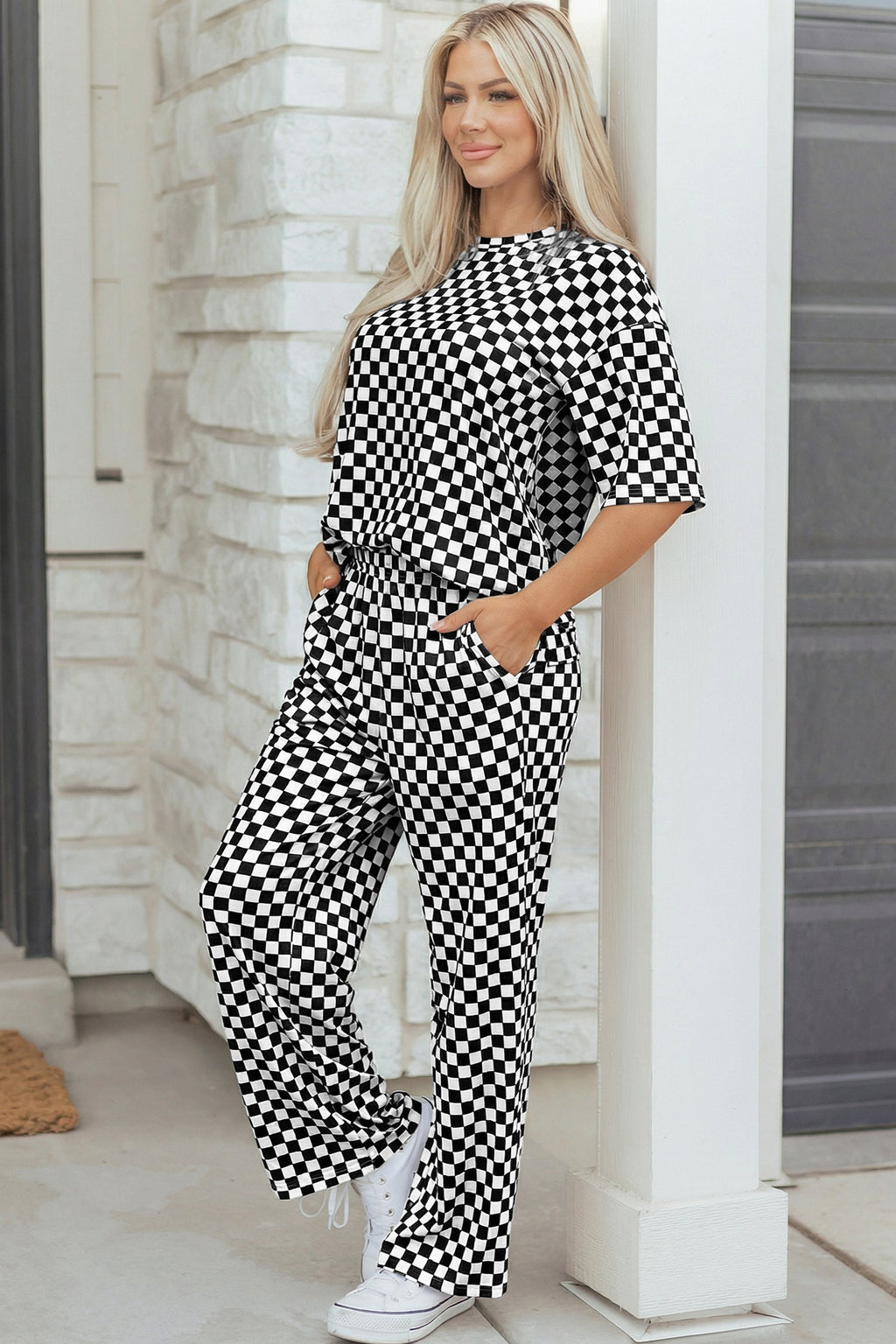 Black Checkered Print Half Sleeve Tee 2pcs Lounge Pant Set