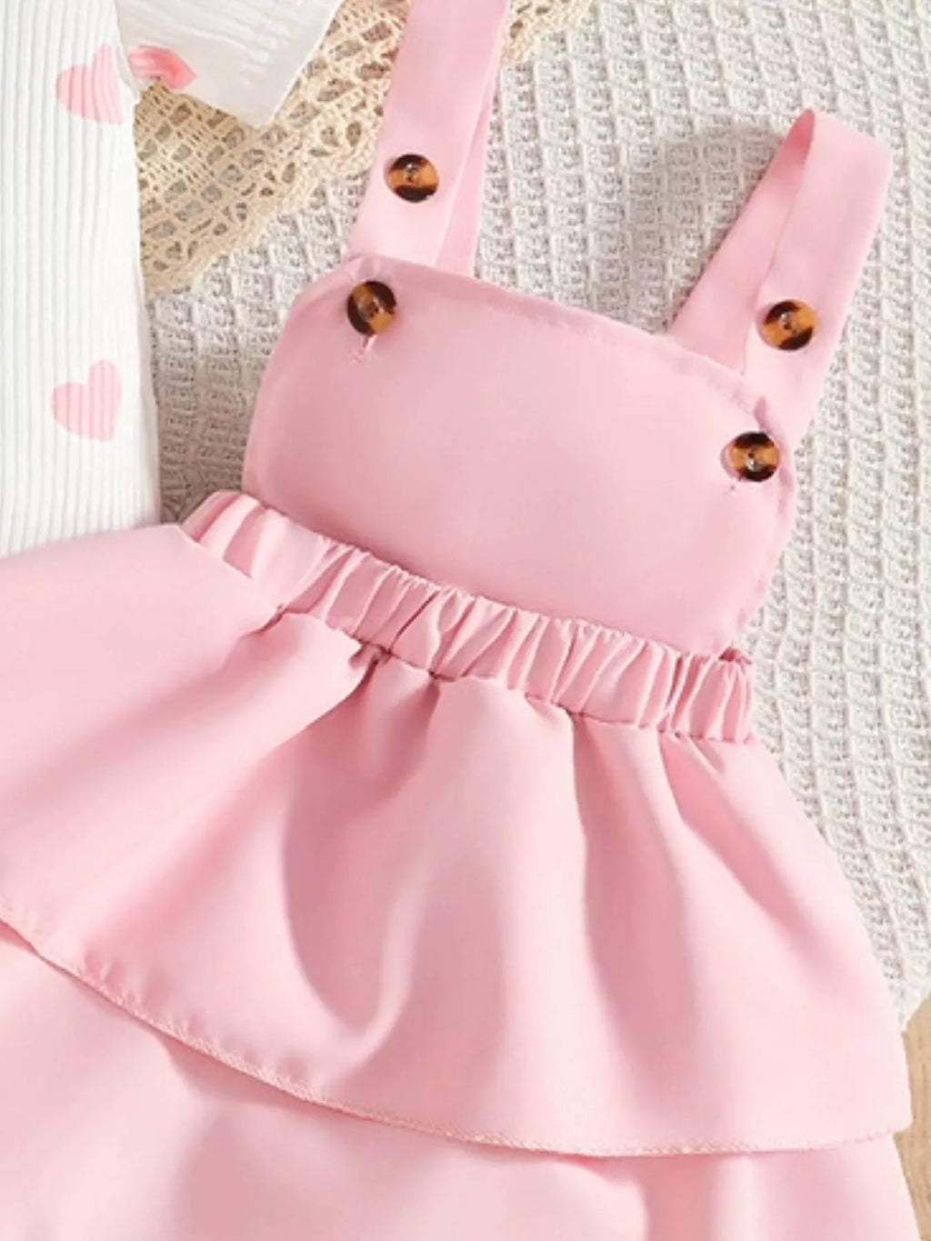 Children's Heart Print Ruffle Trim Bodysuit and Dress Set with Headband