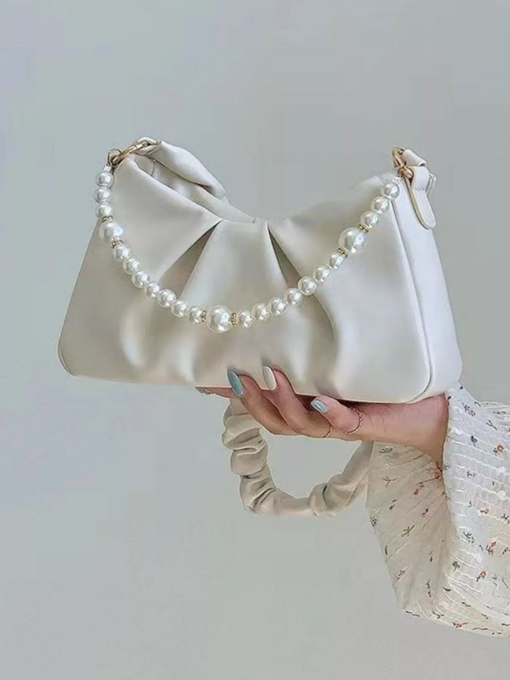 Pearl Embellished Ruched Shoulder Bag