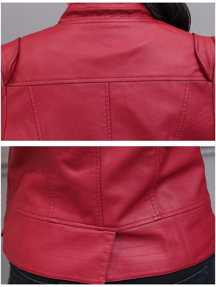 Korean-Style Slim Fit Motorcycle Leather Coat — Stand-Up Collar