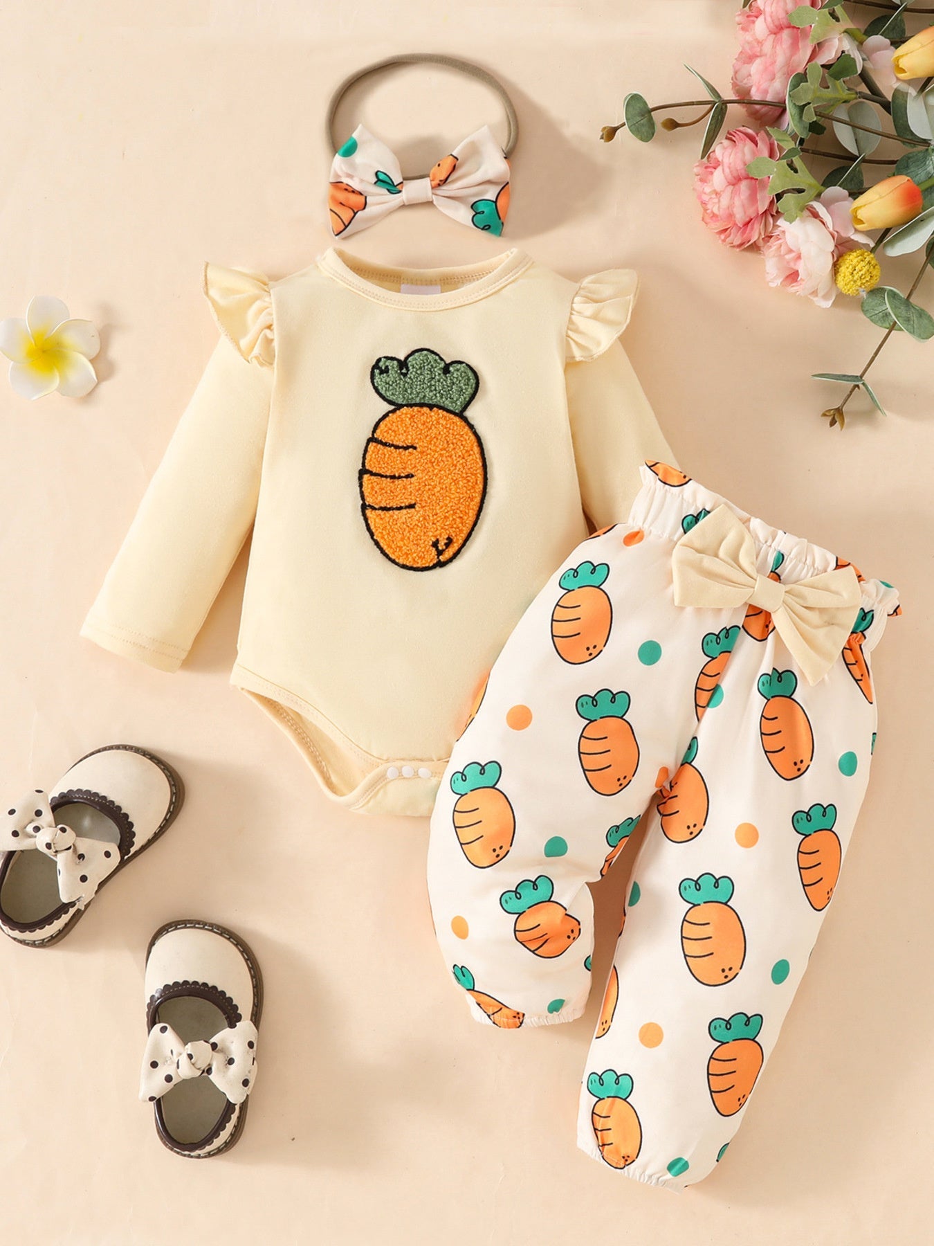 Children's Ruffled Long Sleeve Top and Carrot Print Pants Set with Headband