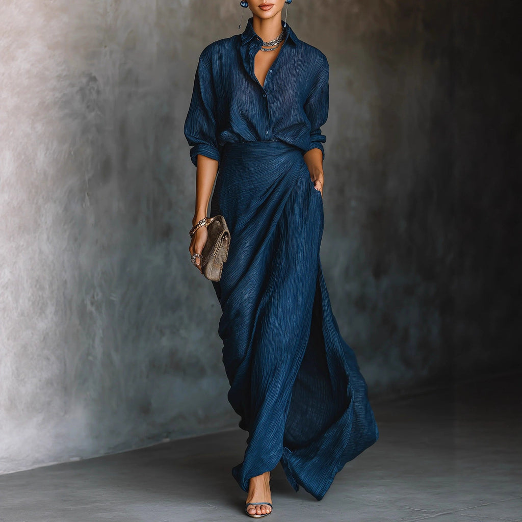 Women's Two-Piece Pleated Shirt & Draped Wrap Maxi Skirt Set – Long Sleeve Button Top