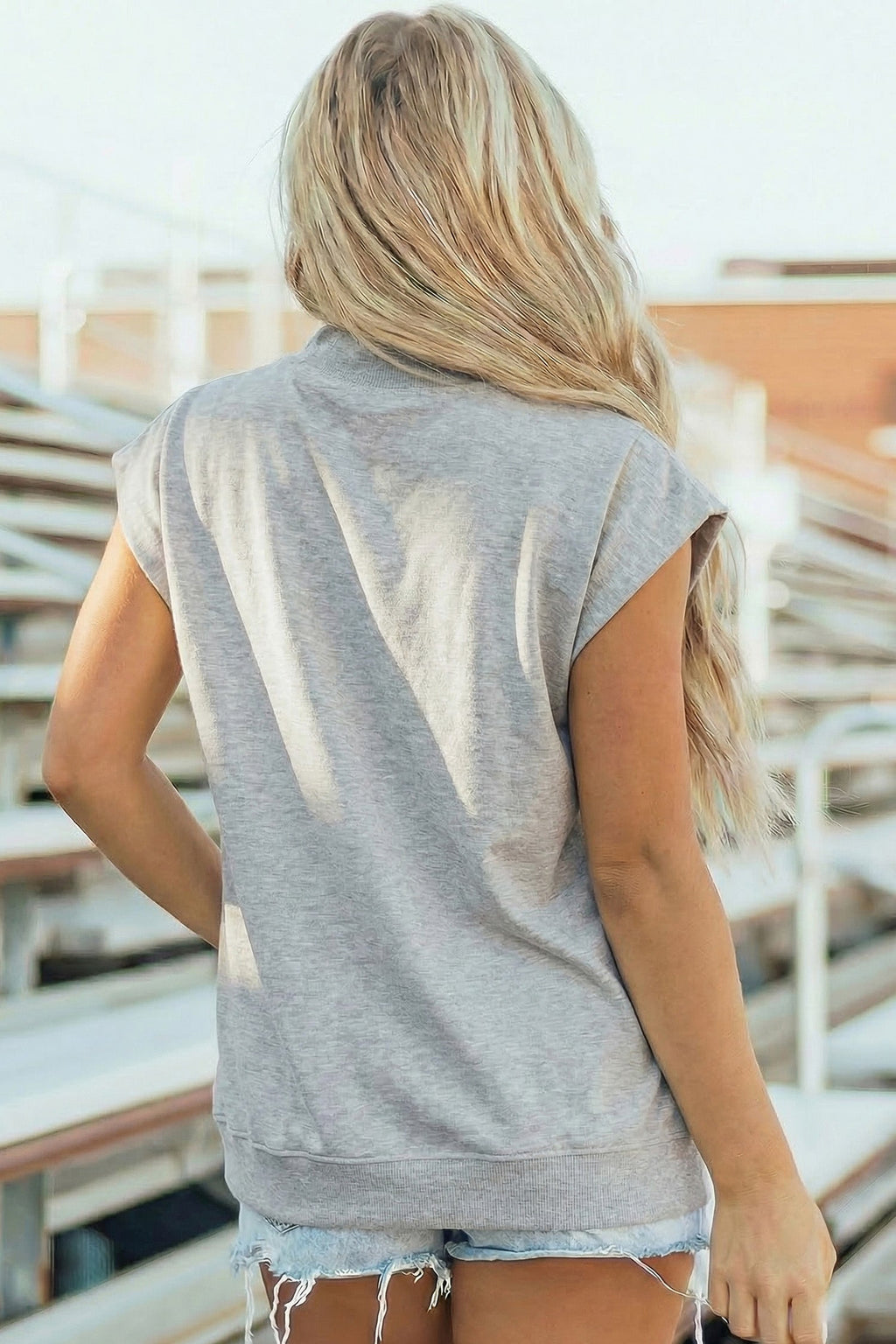 Light Grey Solid Color High Neck Cap Sleeve Loose Top