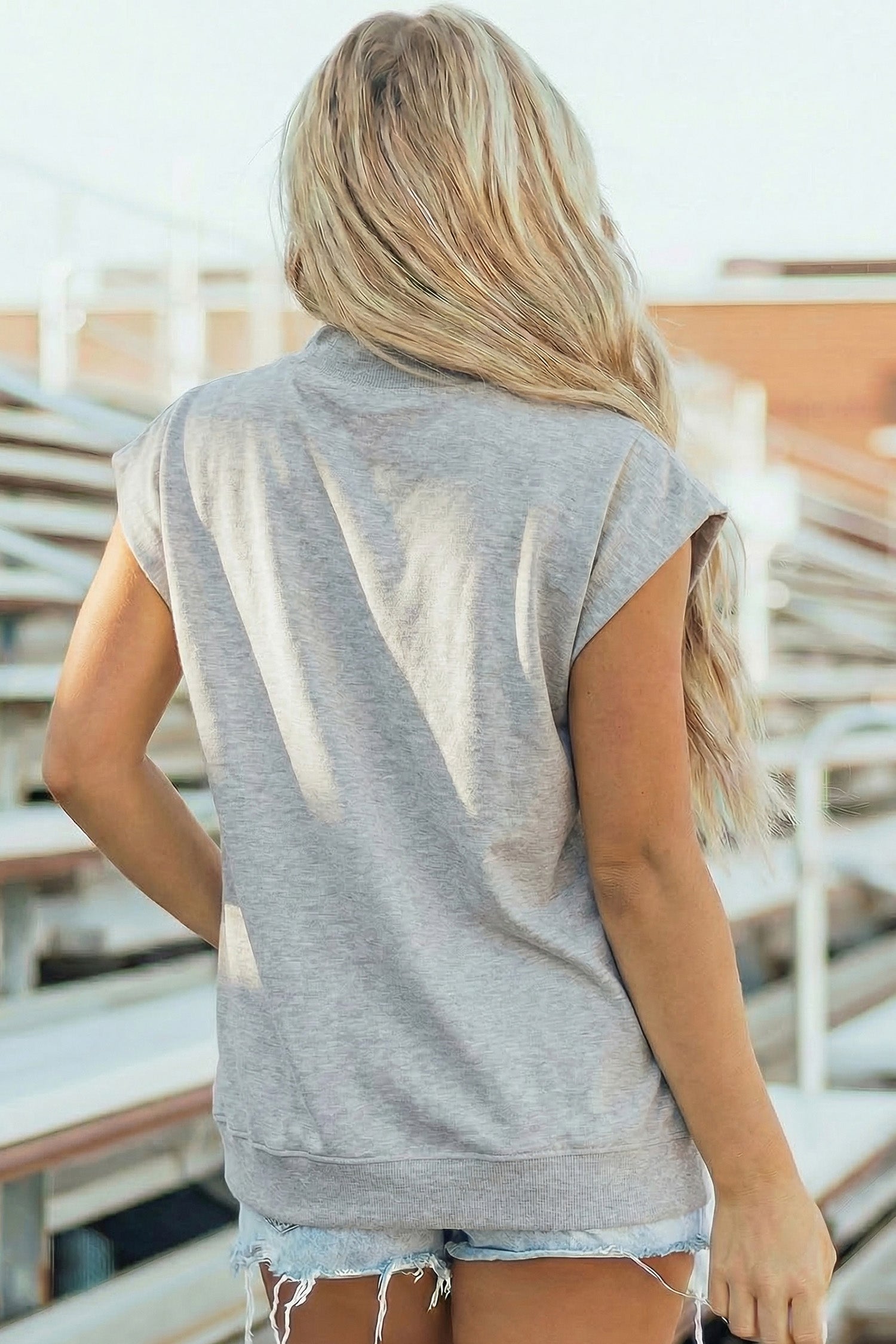 Light Grey Solid Color High Neck Cap Sleeve Loose Top