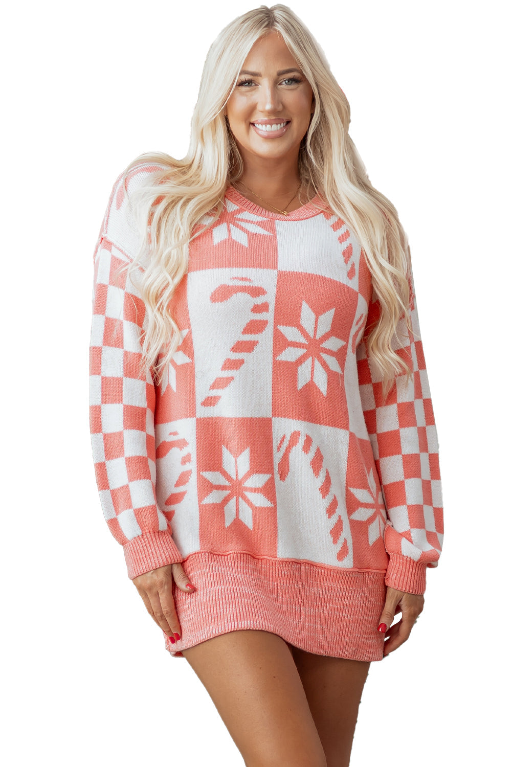 Pink Candycane Snowflake Checker Christmas Holiday Drop Shoulder Tunic Loose Sweater